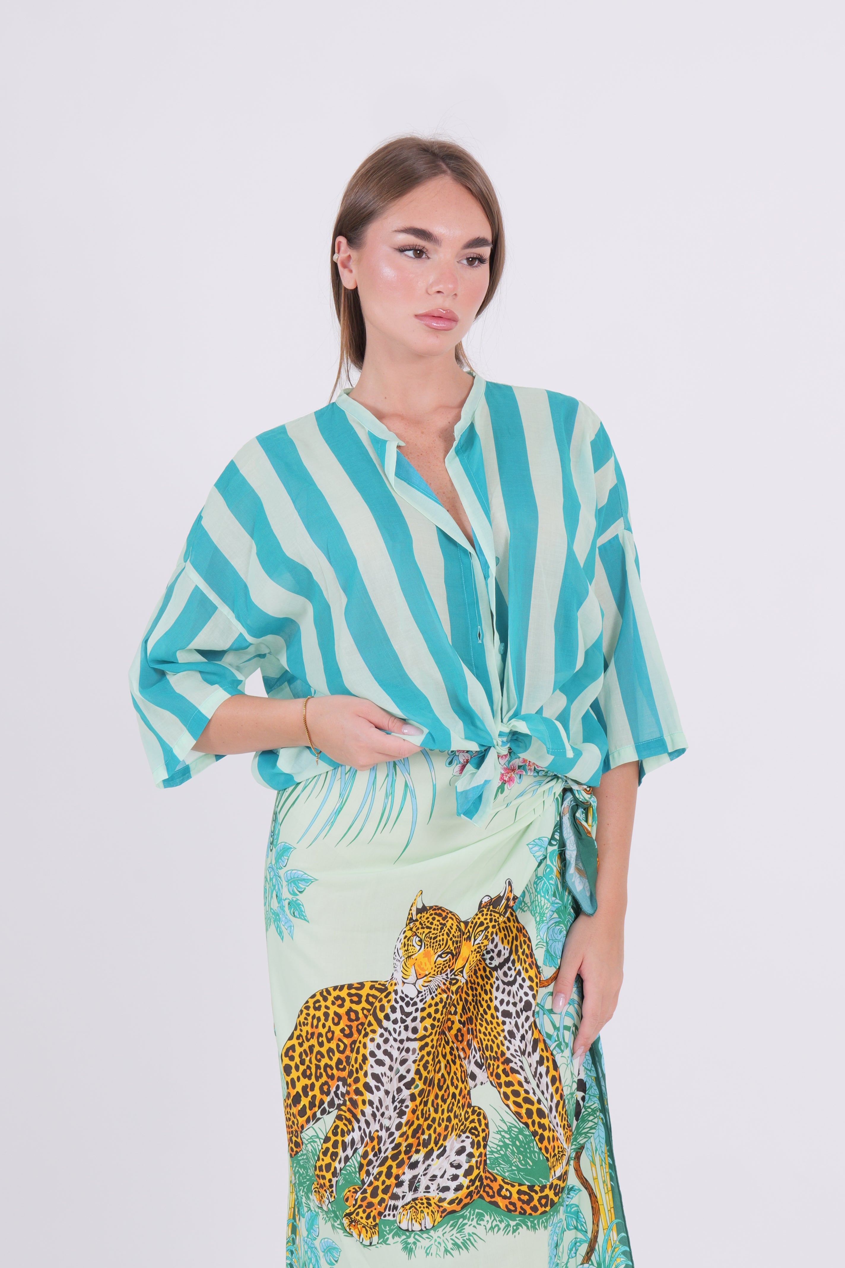 CAMICIA MUSSOLA RIGA TURCHESE/MENTA