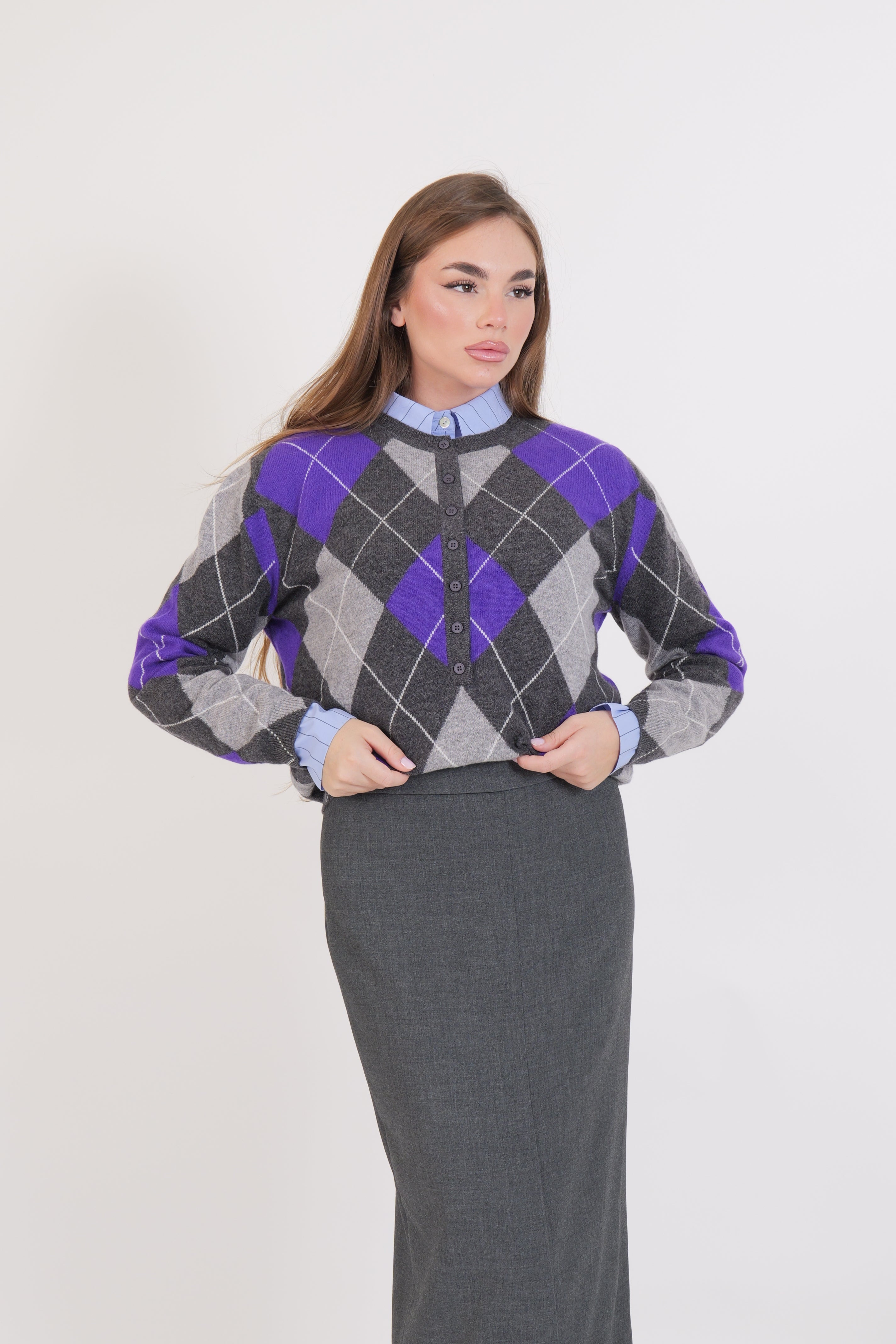 MAGLIA GIROCOLLO LANA ANTRACITE/VIOLA