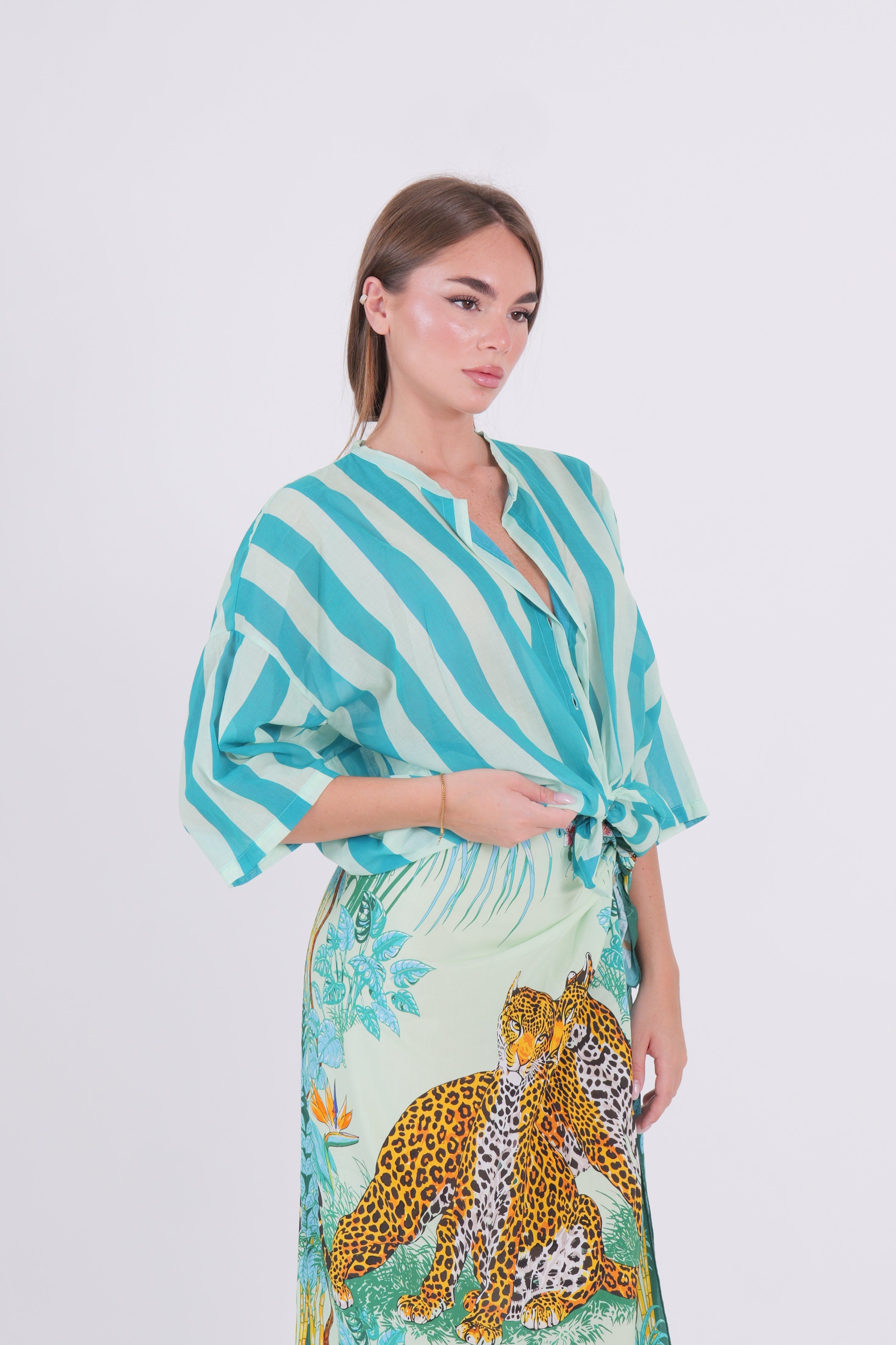 CAMICIA MUSSOLA RIGA TURCHESE/MENTA