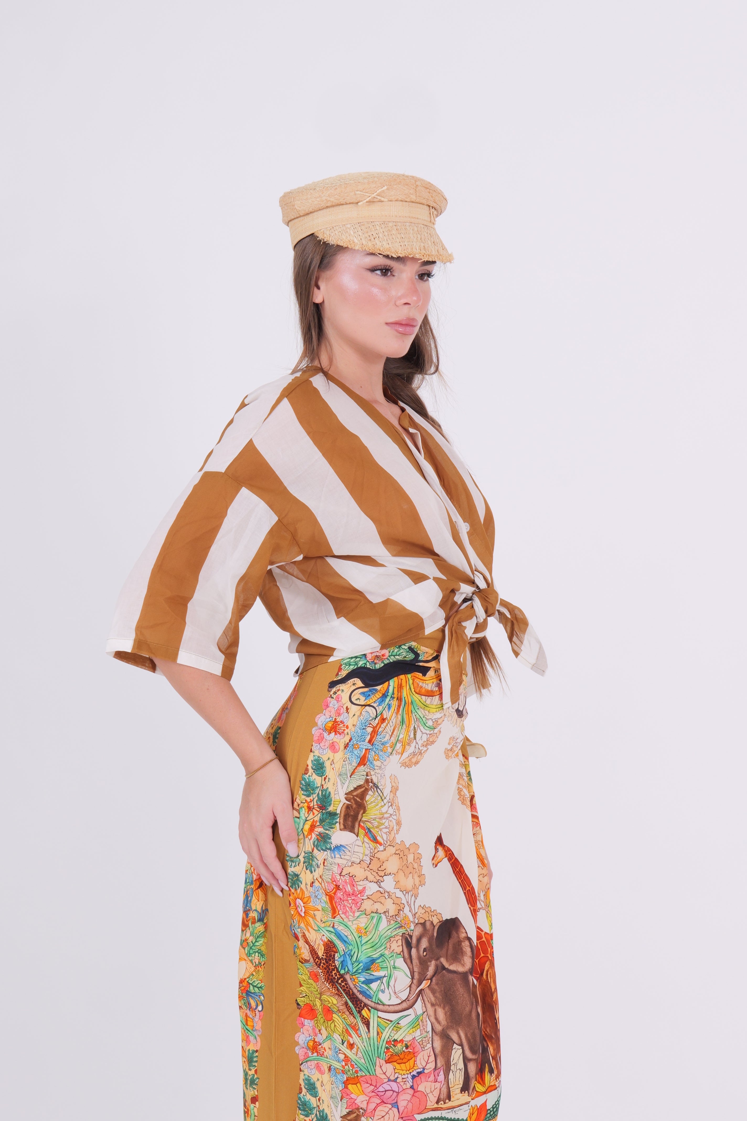CAMICIA MUSSOLA RIGA TABACCO/PANNA