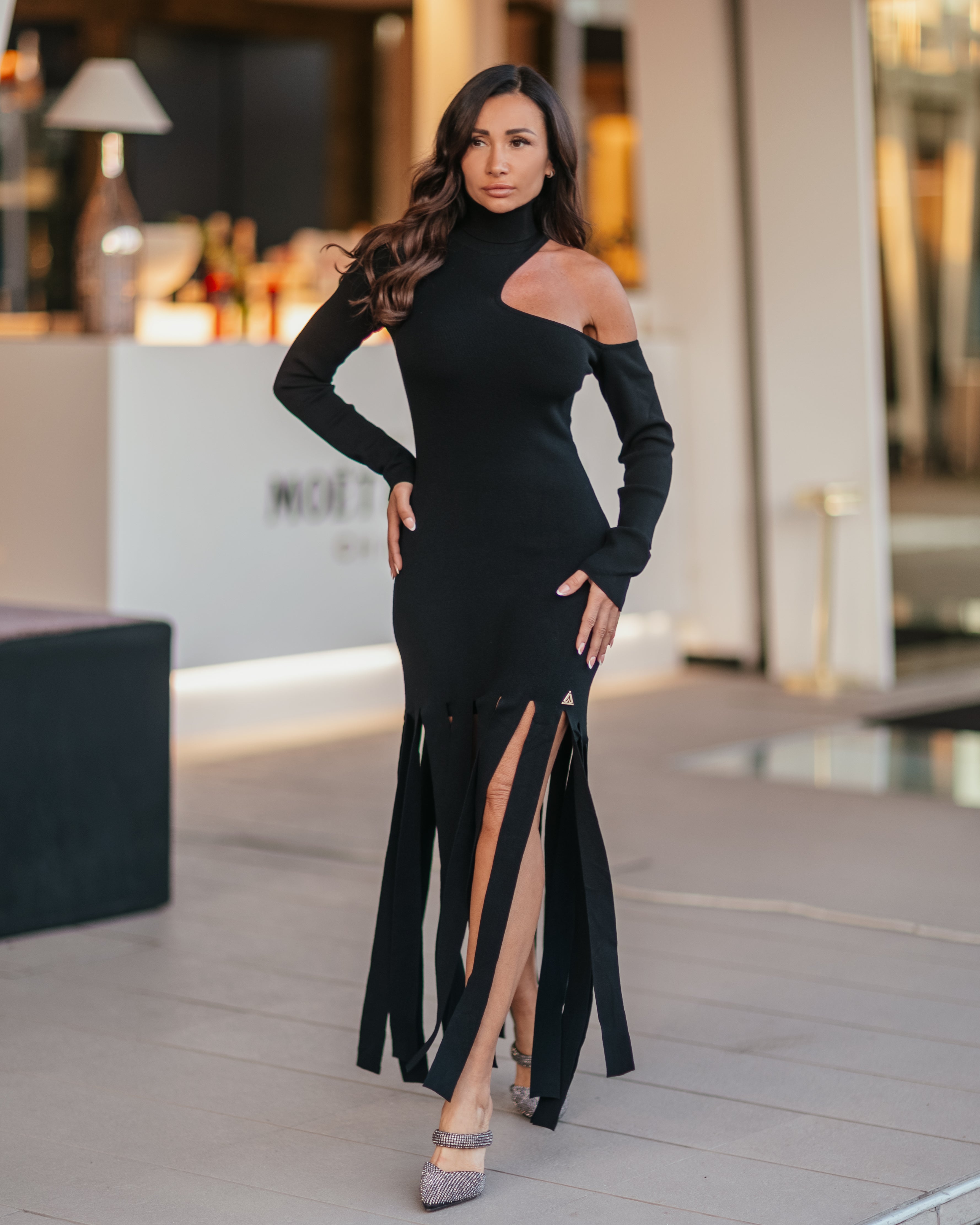 LONG BLACK DRESS WITH CUT OUT AND FRINGES