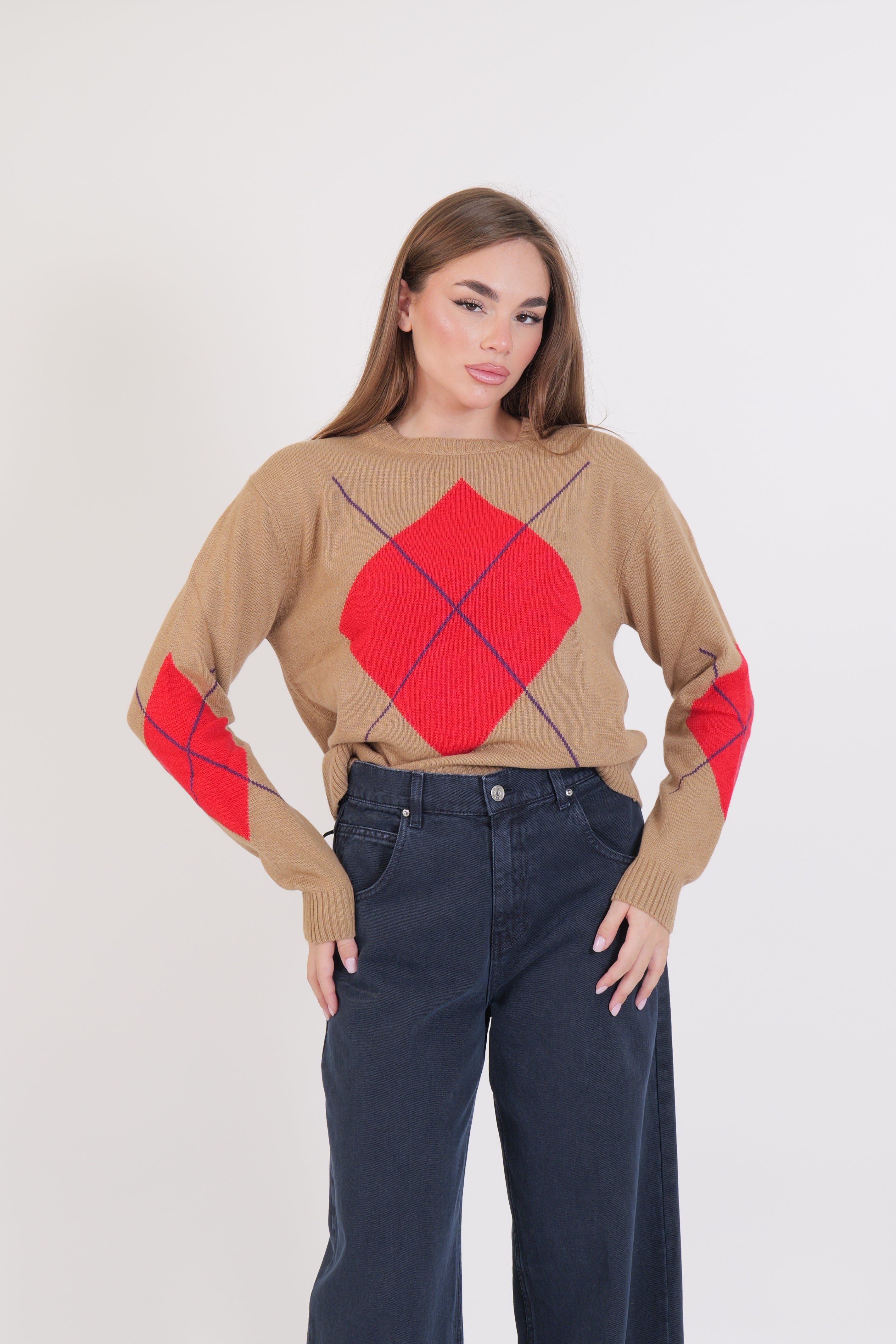 MAGLIONE ROMBI CAMEL/ROSSO/VIOLA