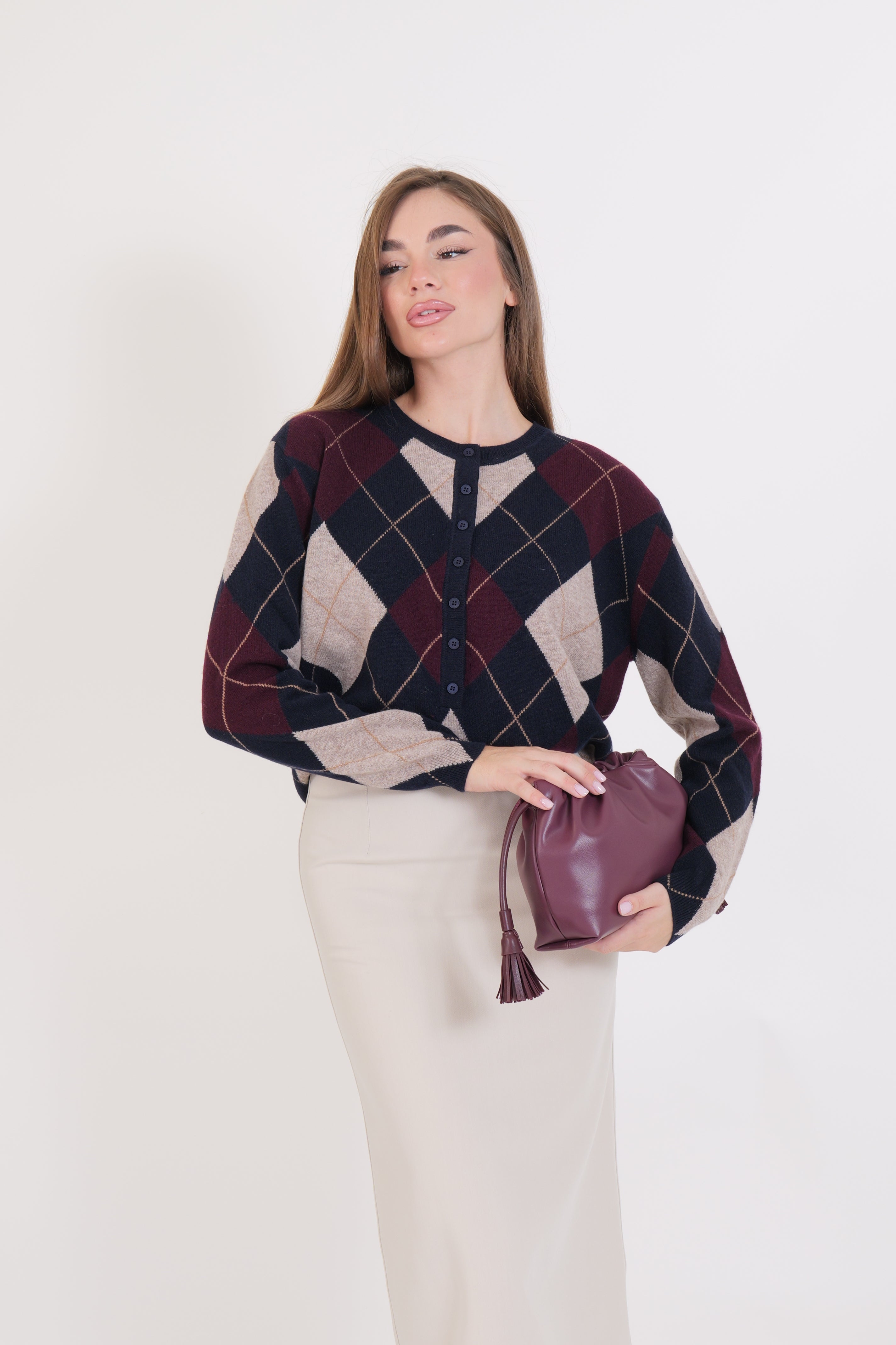 MAGLIA GIROCOLLO LANA BLU/ROSSO/SABBIA