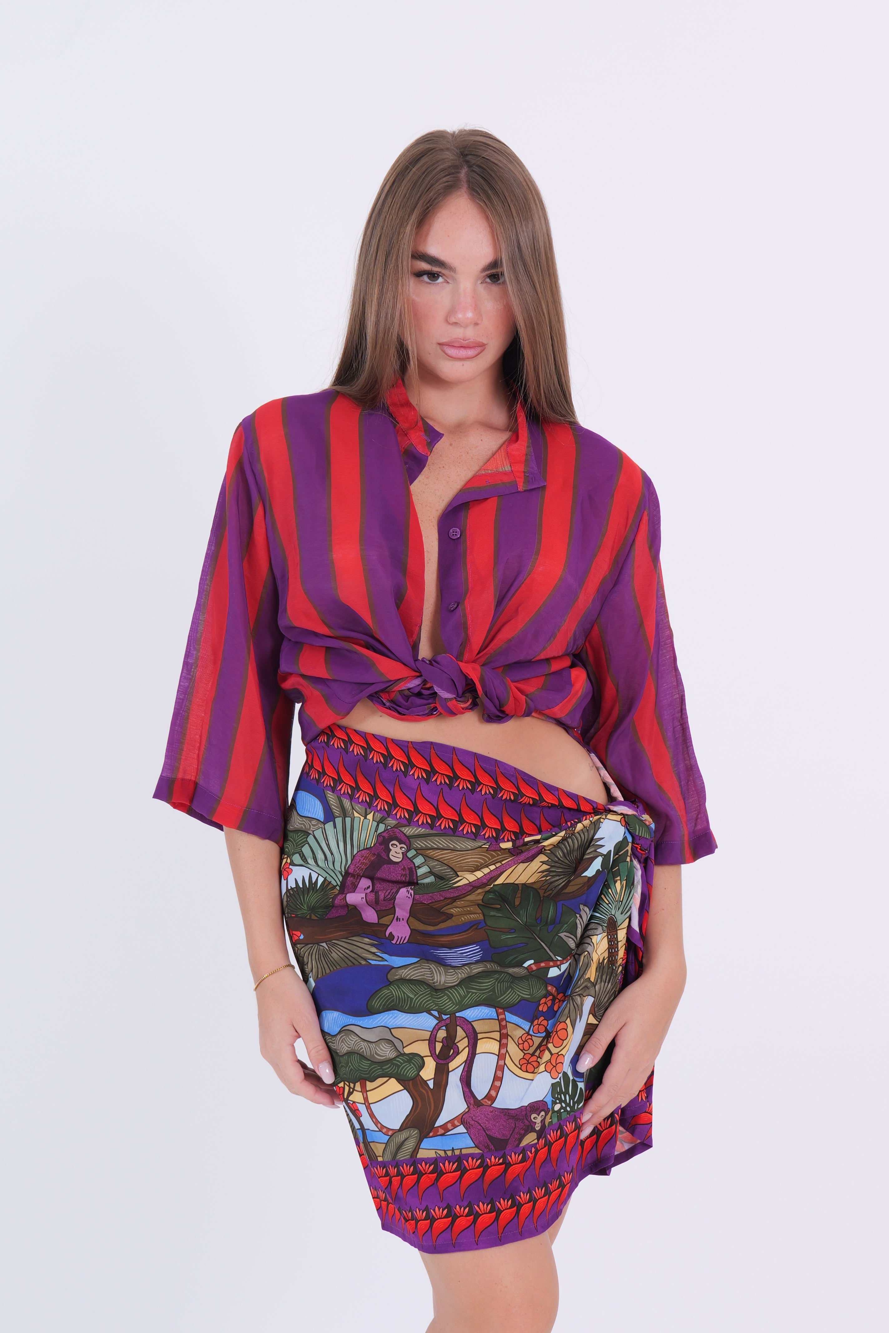 CAMICIA MUSSOLA RIGA VIOLA/ROSSO