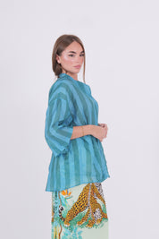 CAMICIA MISTO SETA RIGA VERDE/TURCHESE