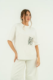 T-SHIRT TASCA PAILLETTES BIANCA