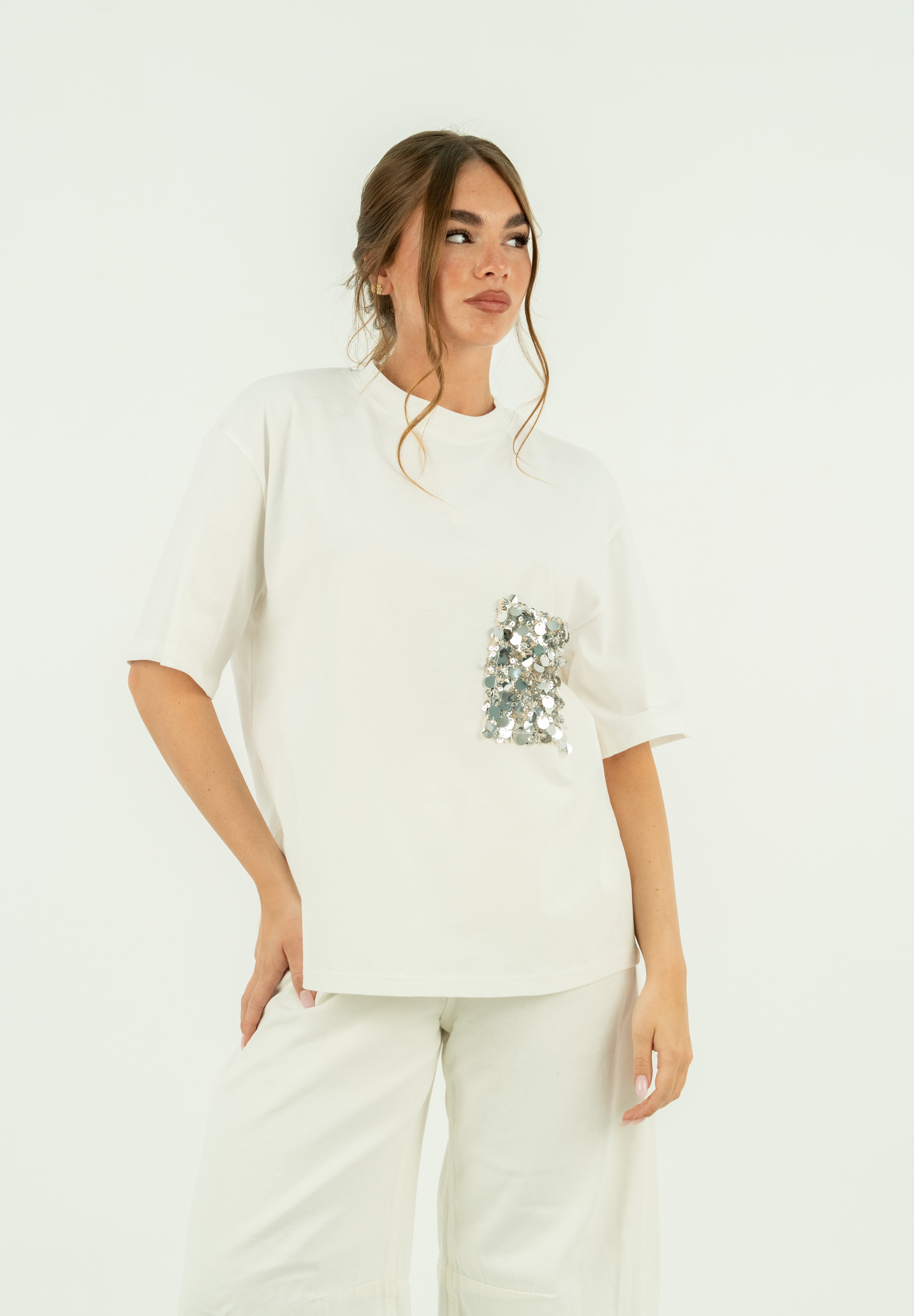 T-SHIRT TASCA PAILLETTES BIANCA
