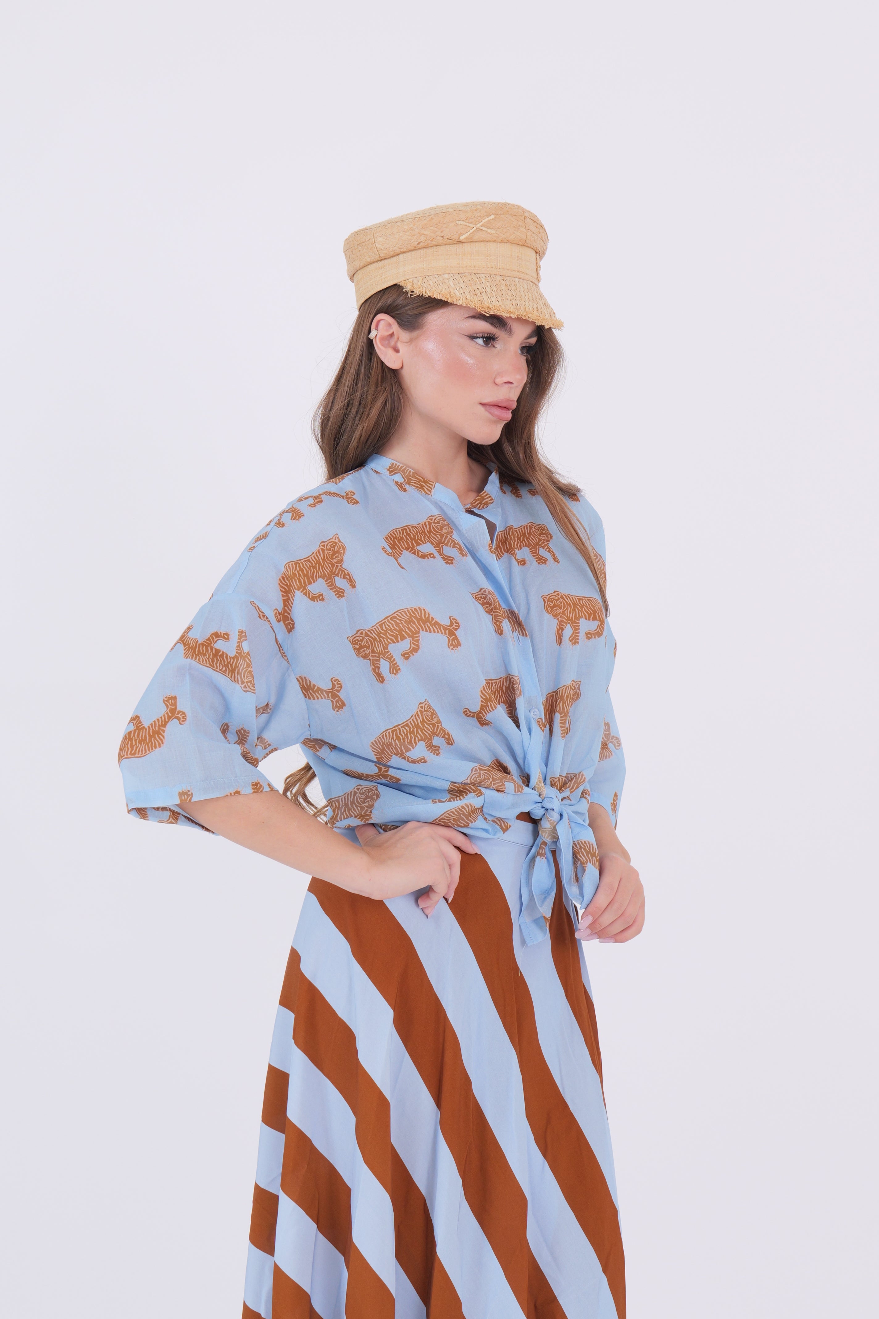 CAMICIA TIGRE CELESTE/TABACCO