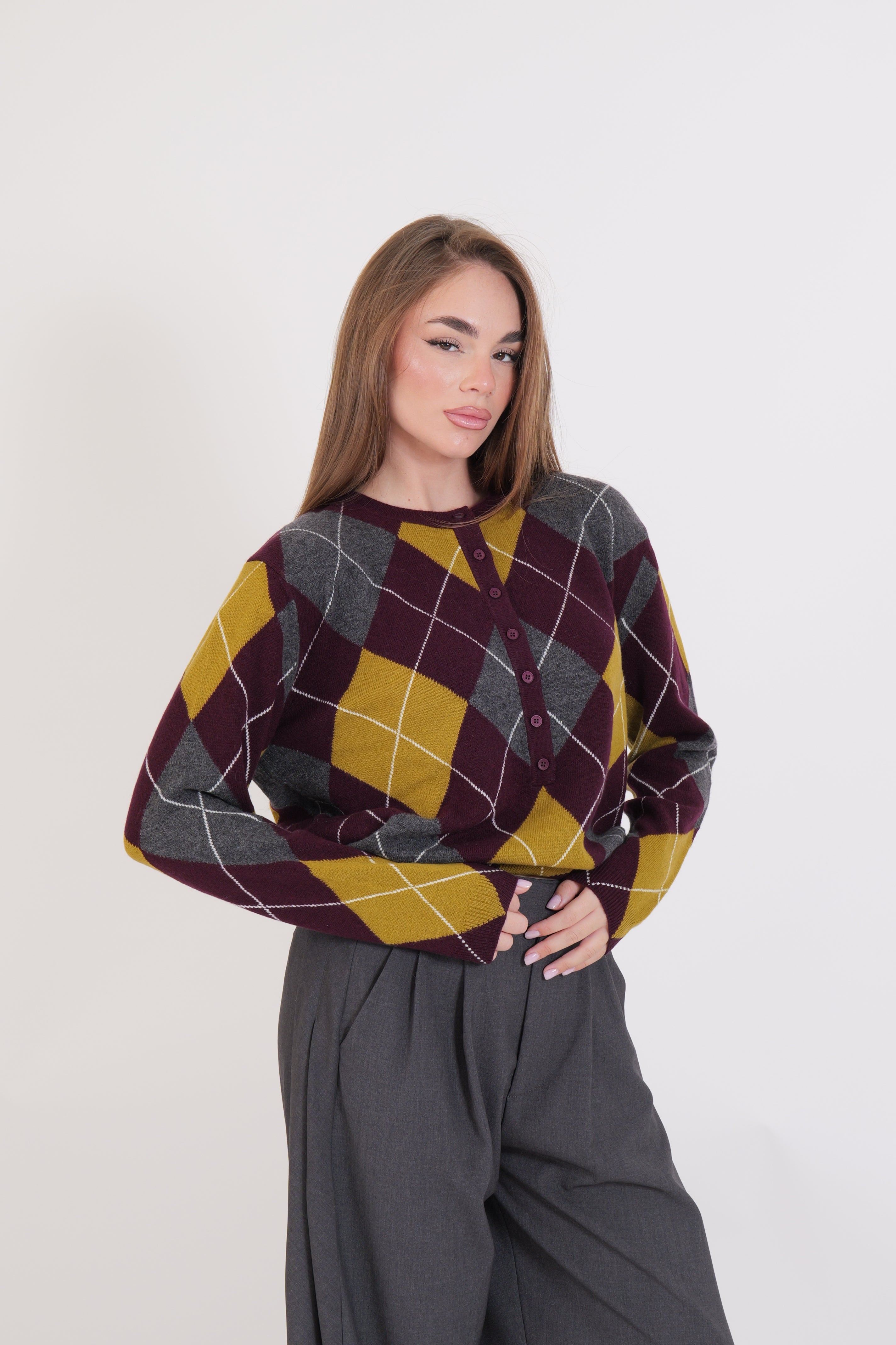 MAGLIA GIROCOLLO LANA VINO/GRIGIO/VERDE