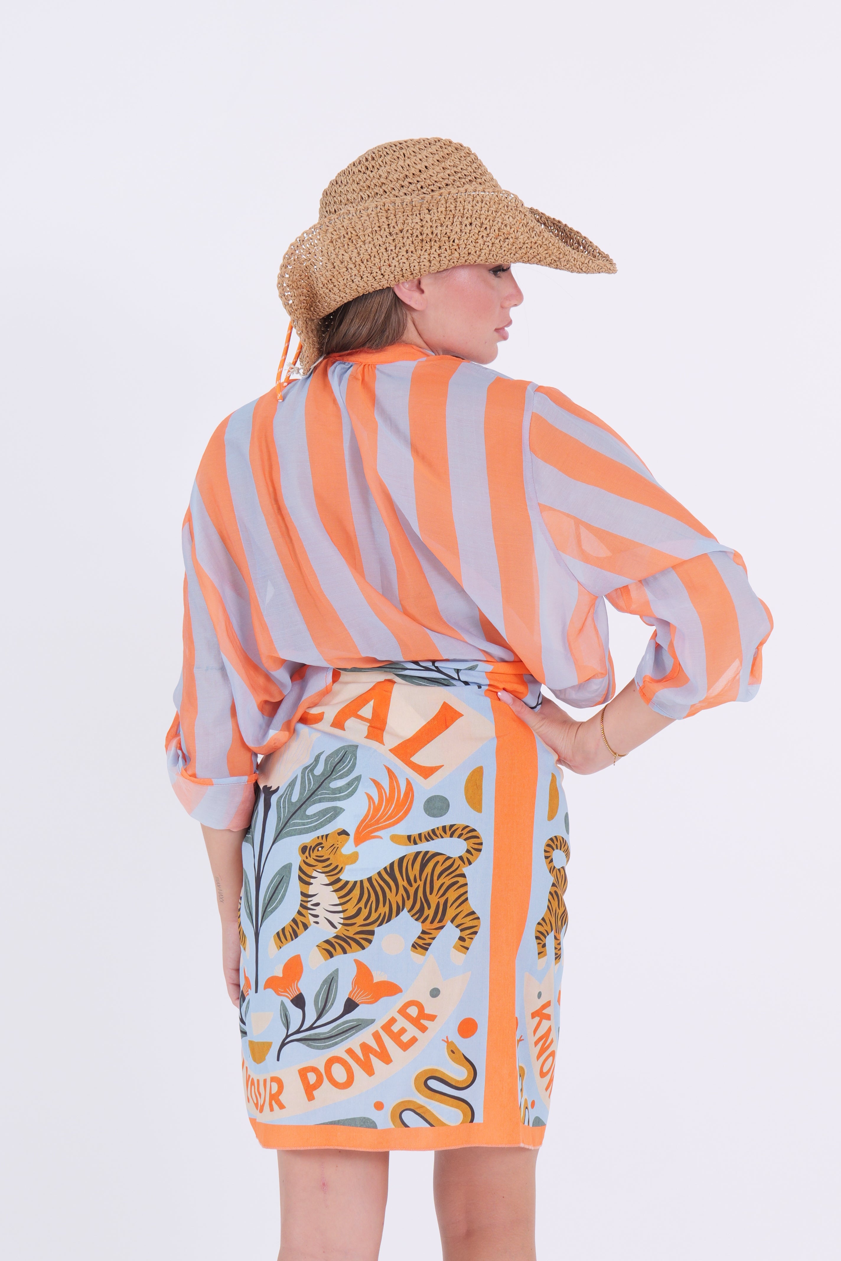 CAMICIA MUSSOLA RIGA ARANCIO/CELESTE