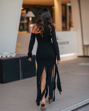 LONG BLACK DRESS WITH CUT OUT AND FRINGES