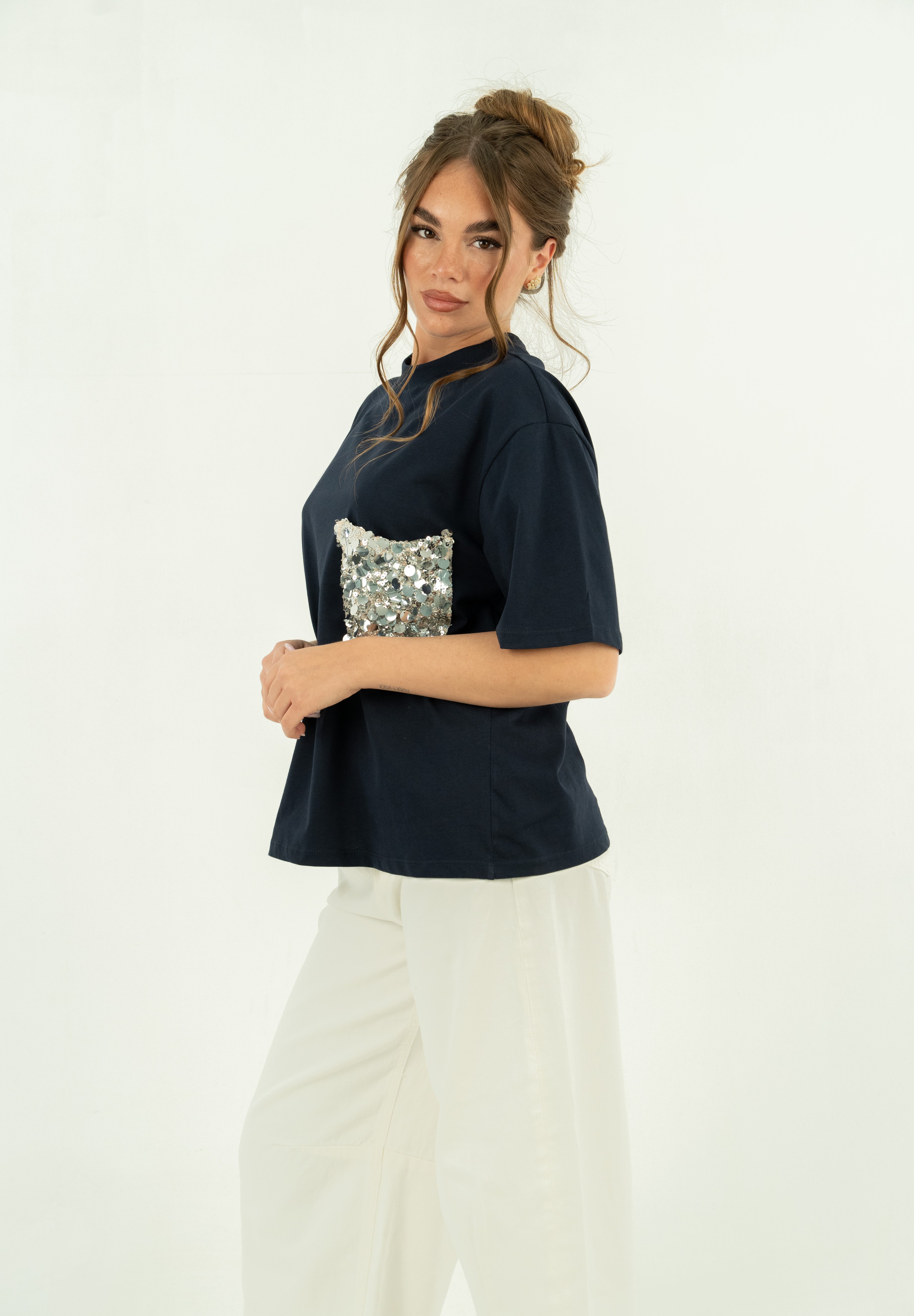 T-SHIRT TASCA PAILLETTES BLU