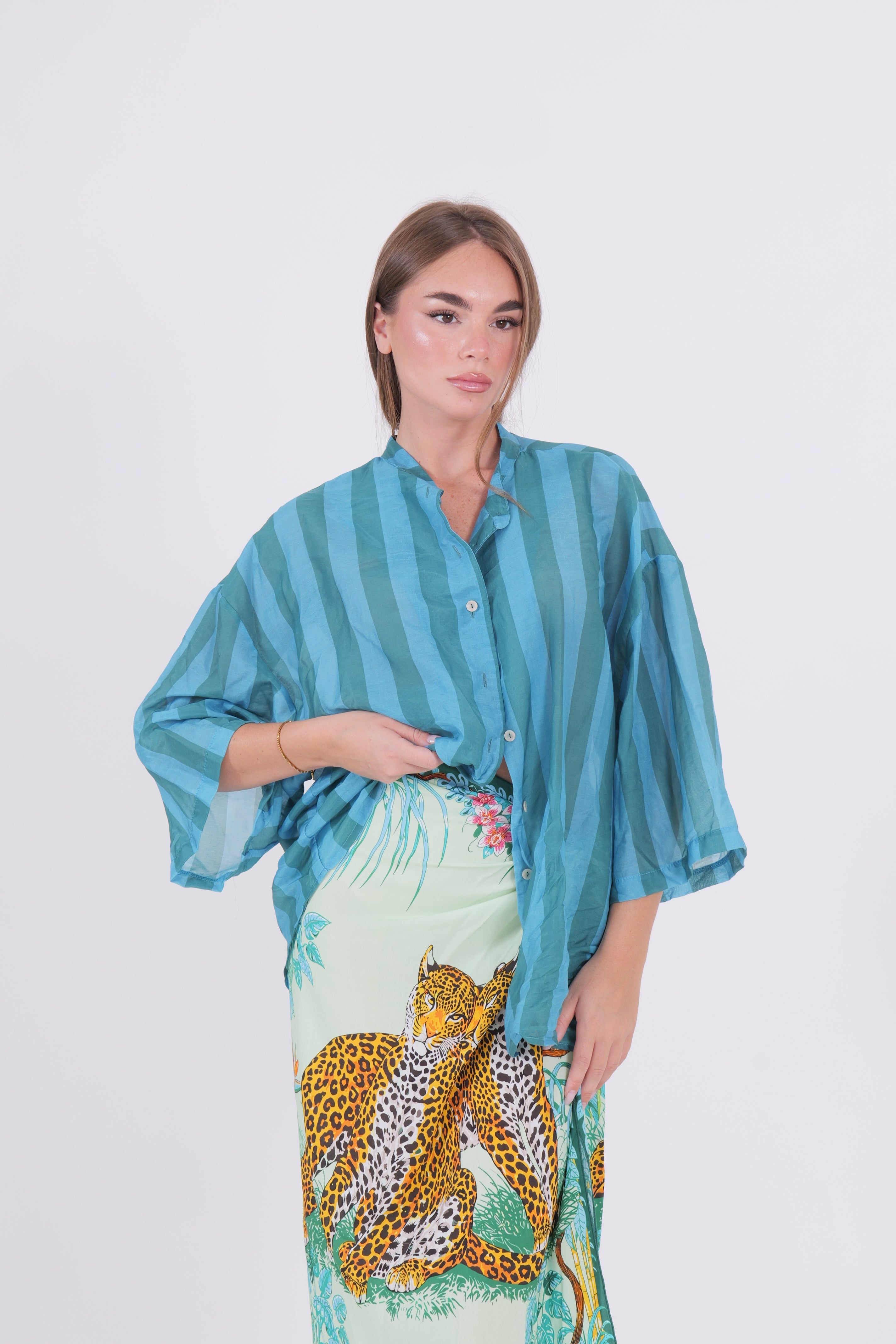 CAMICIA MISTO SETA RIGA VERDE/TURCHESE