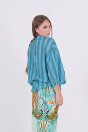 CAMICIA MISTO SETA RIGA VERDE/TURCHESE