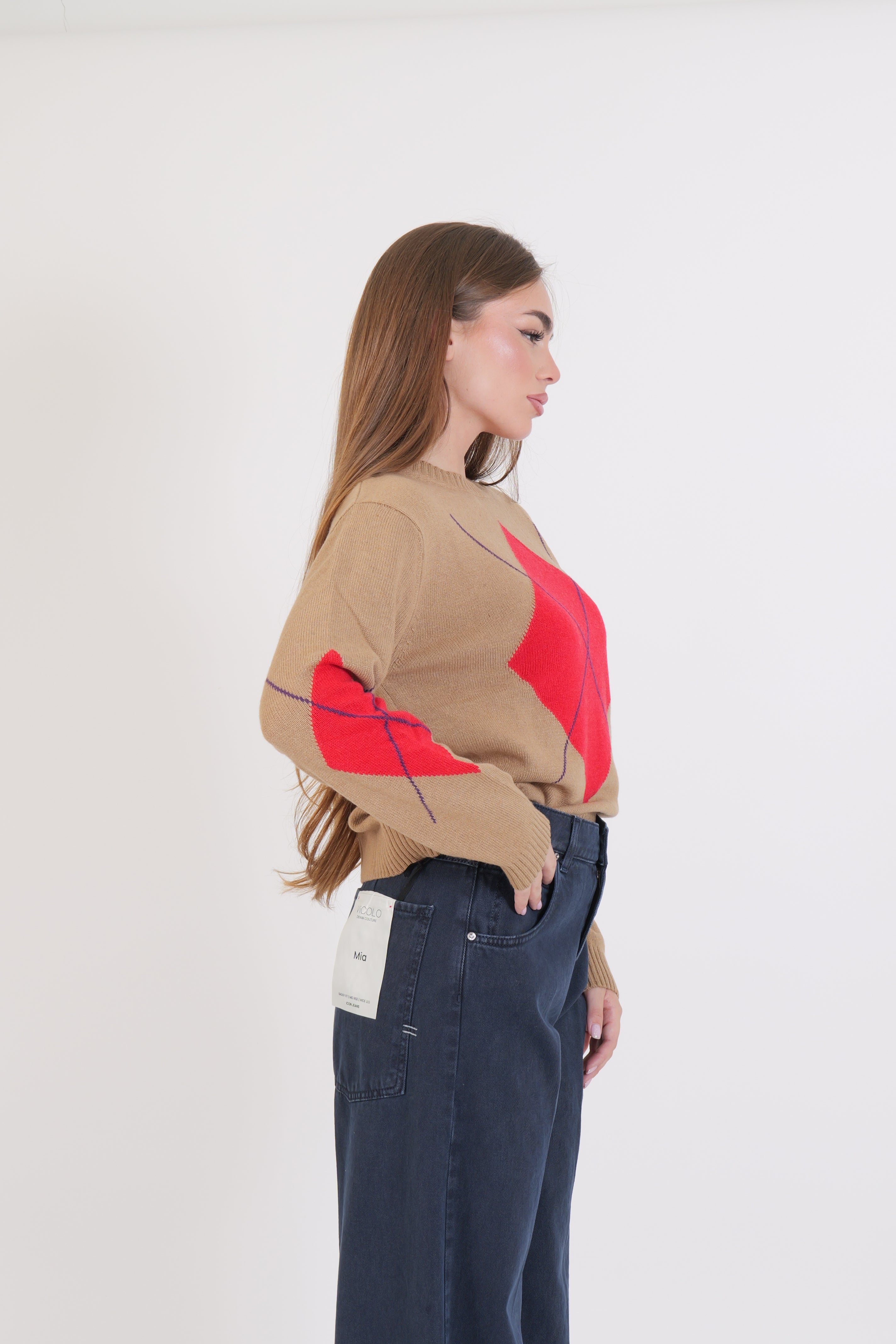 MAGLIONE ROMBI CAMEL/ROSSO/VIOLA