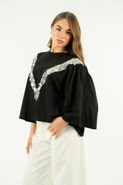 T-SHIRT V PAILLETTES NERO