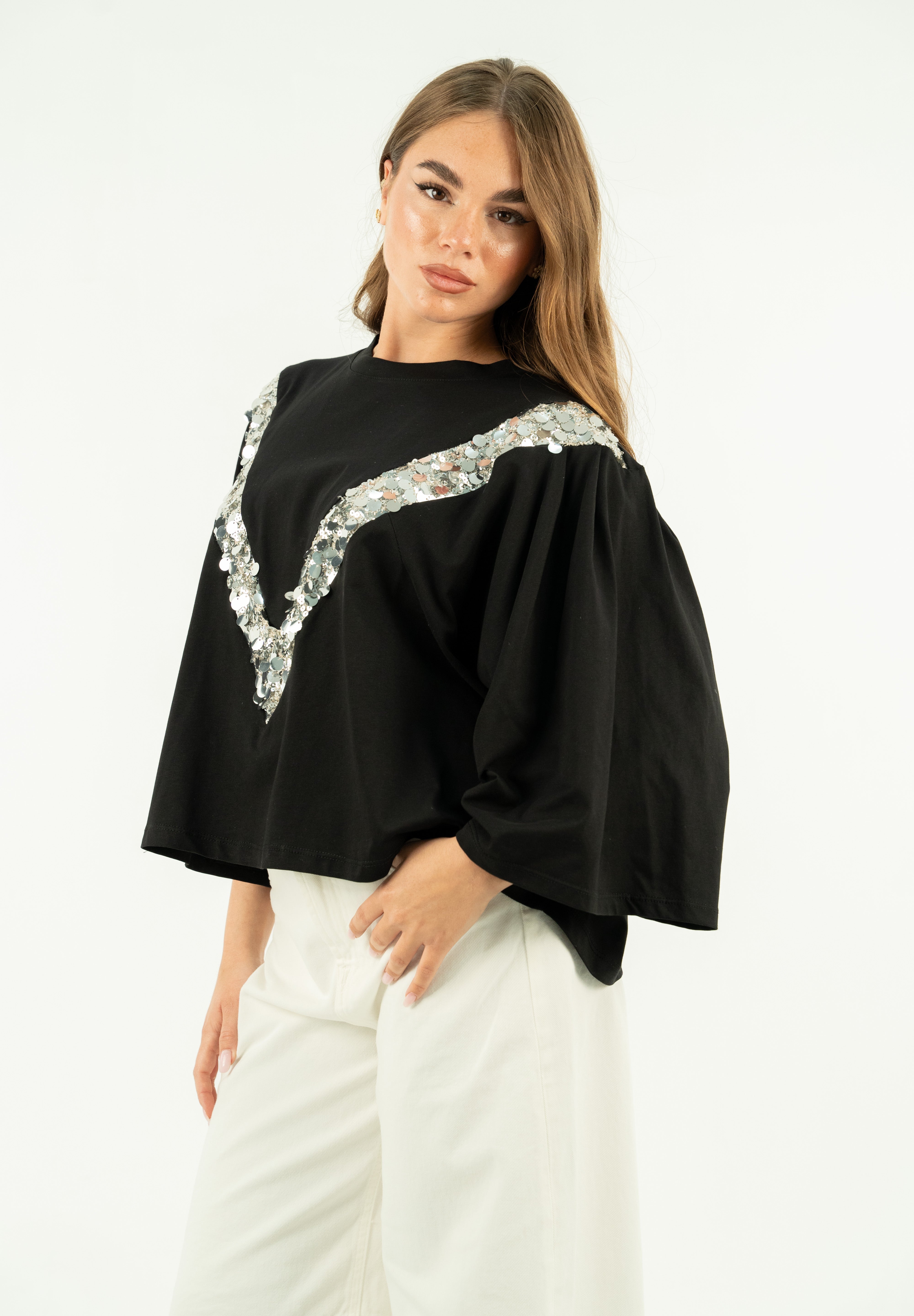 T-SHIRT V PAILLETTES NERO