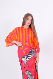 CAMICIA MISTO SETA RIGA ARANCIO/ROSSO