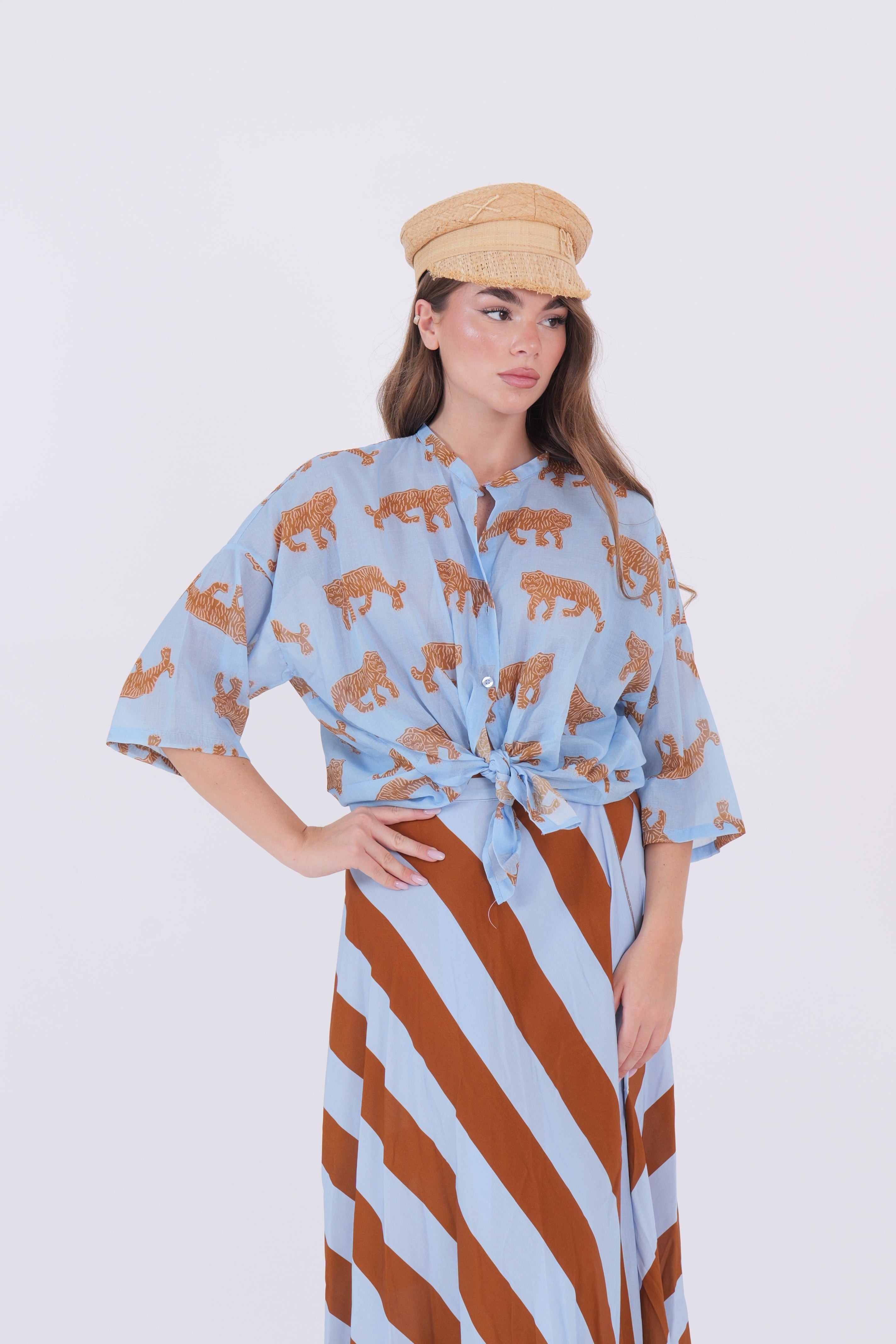 CAMICIA TIGRE CELESTE/TABACCO