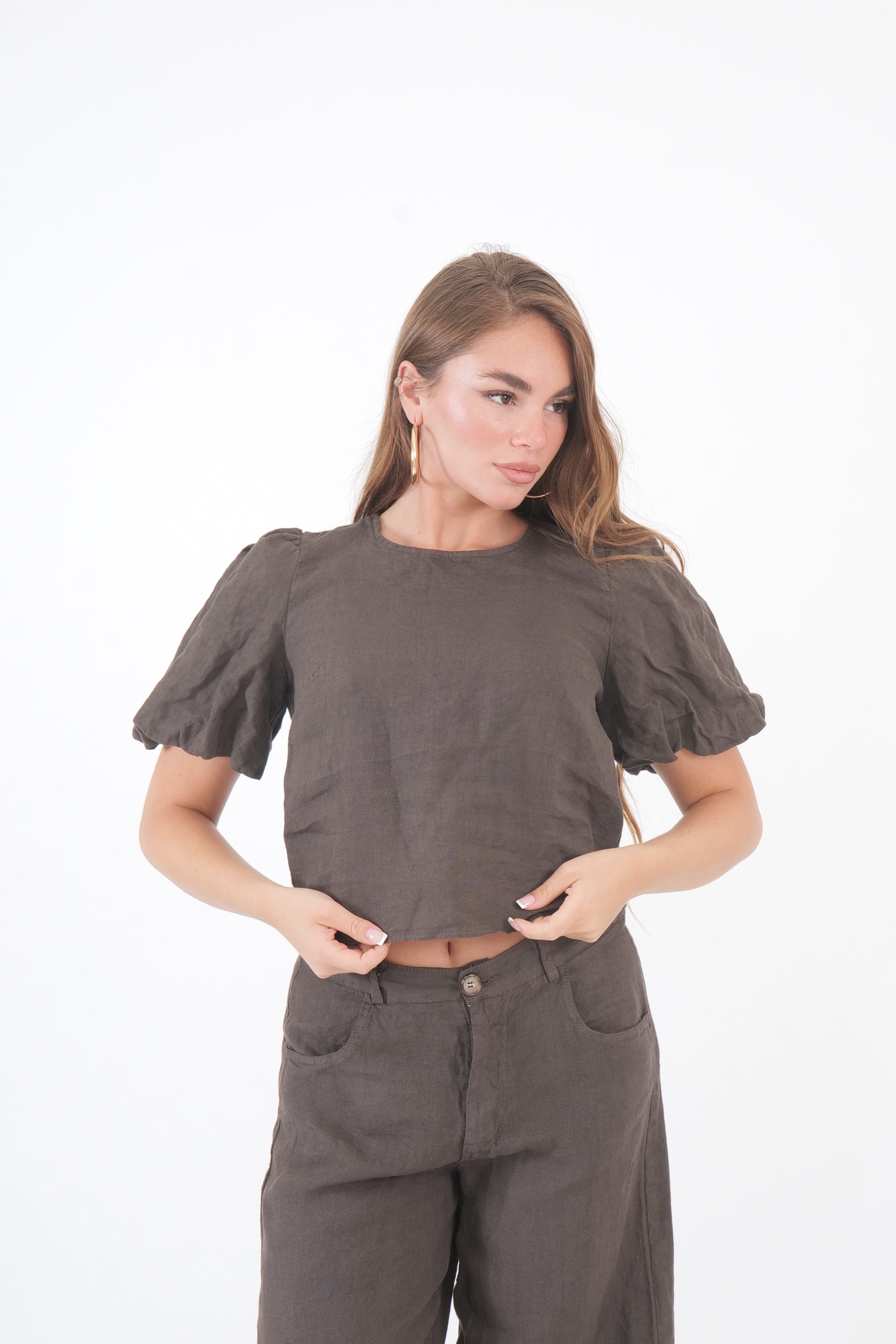TOP LINO MANICA SBUFFO MORO