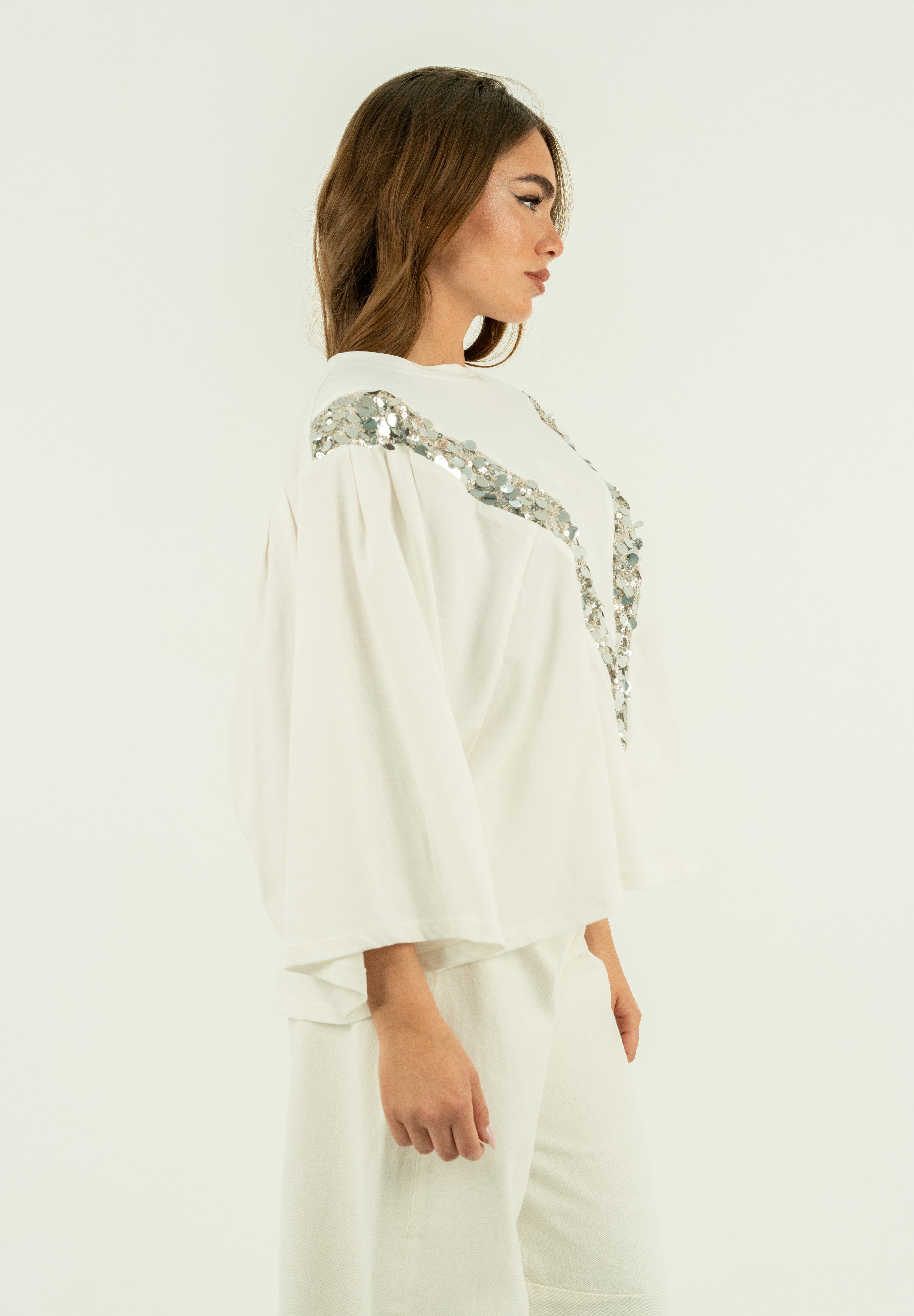 T-SHIRT V PAILLETTES BIANCA