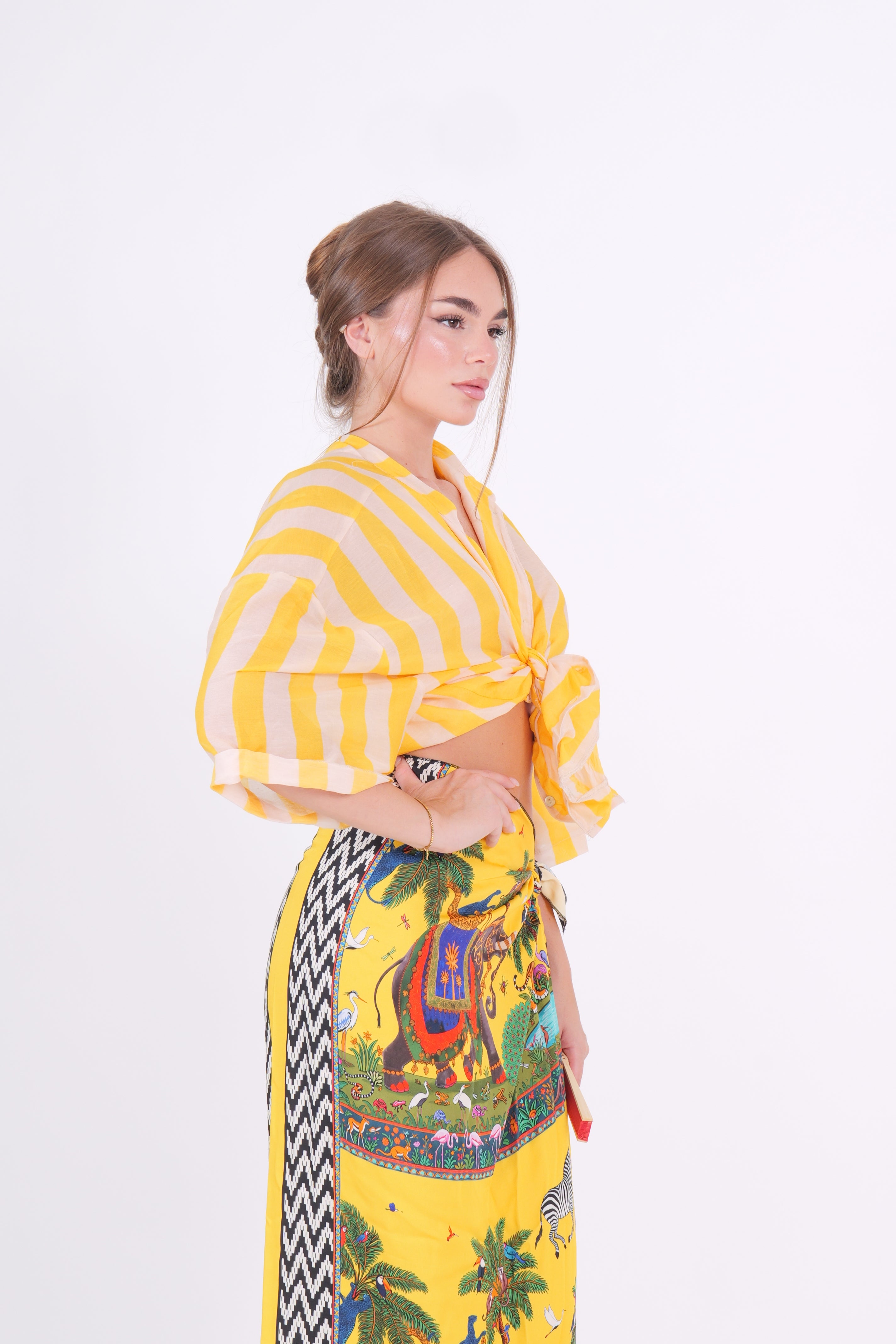 CAMICIA MISTO SETA RIGA GIALLO/PANNA