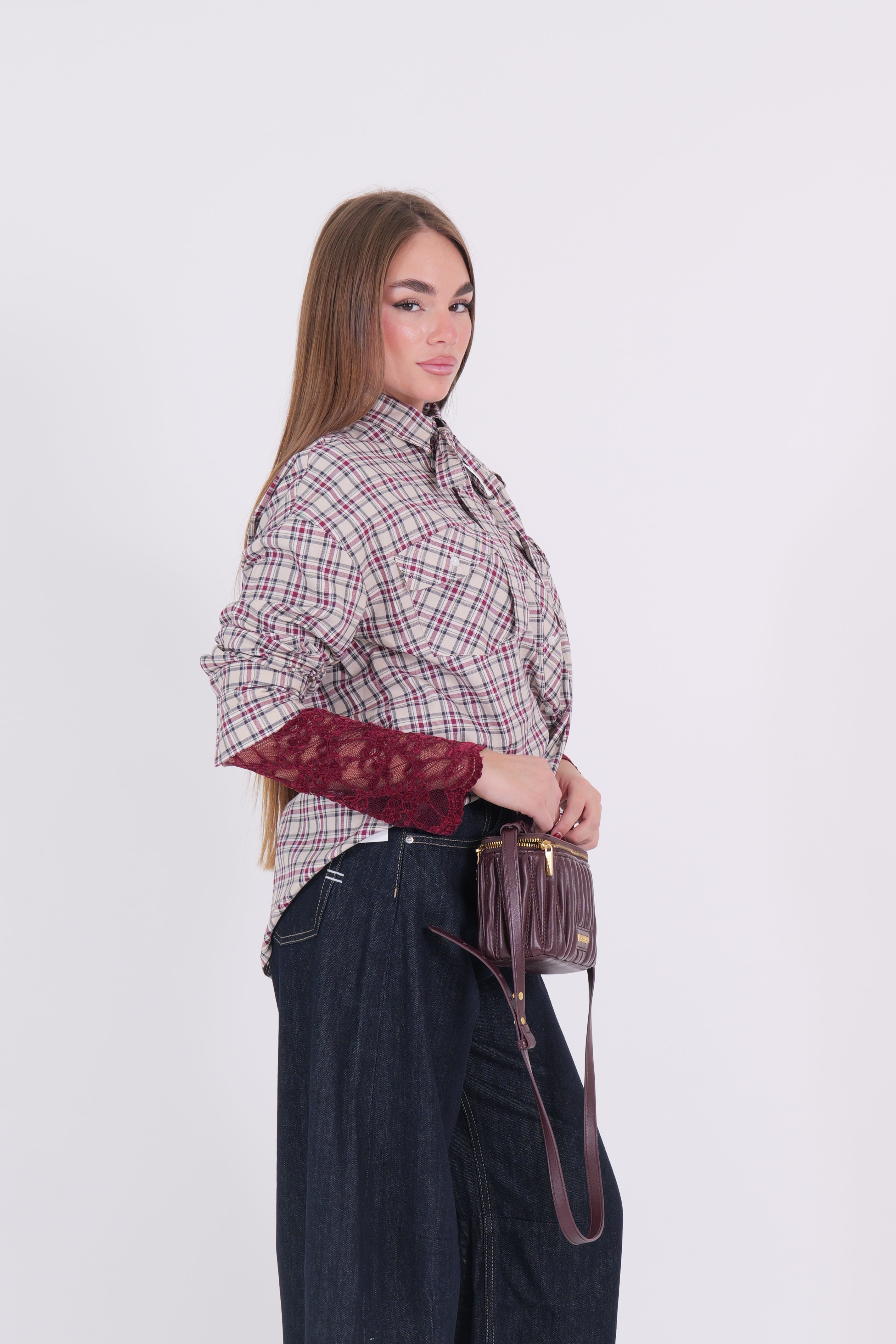CAMICIA FIOCCO BEIGE/BORDEAUX