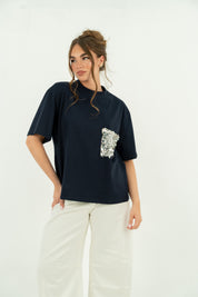 T-SHIRT TASCA PAILLETTES BLU