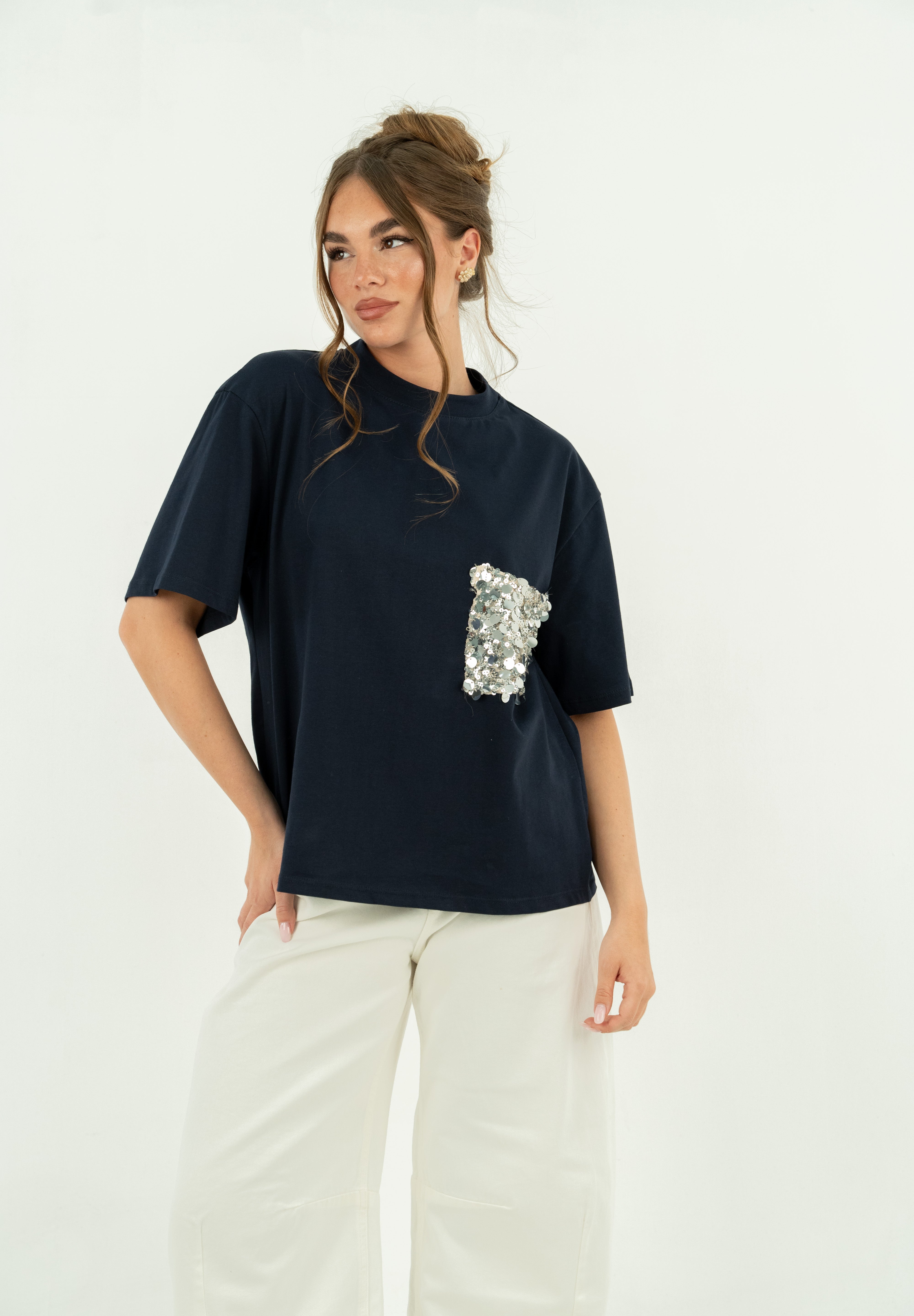 T-SHIRT TASCA PAILLETTES BLU