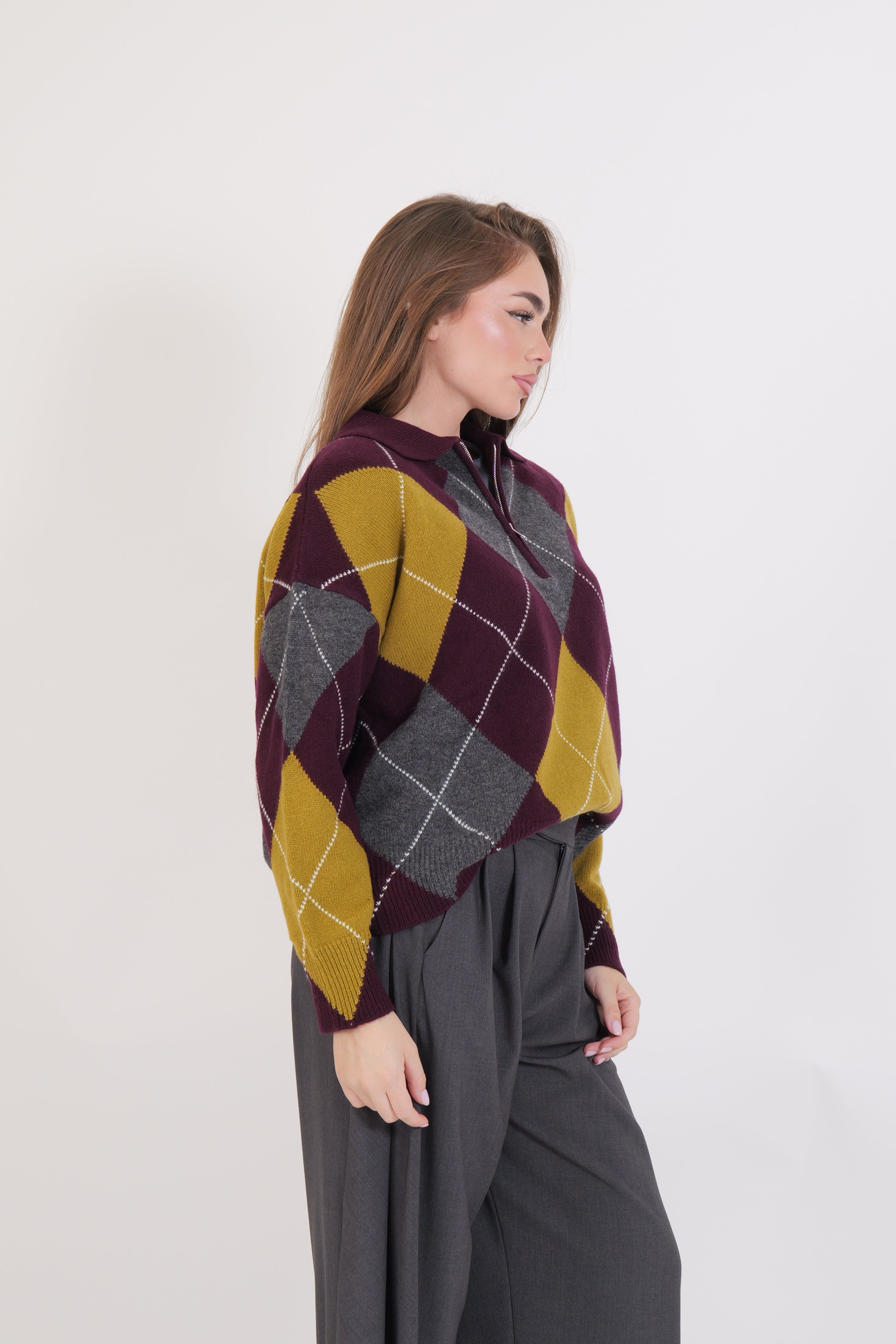 MAGLIA ROMBI DIXIE VINO/GRIGIO/VERDE