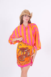 CAMICIA MISTO SETA RIGA ARANCIO/FUXIA