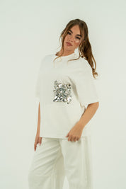 T-SHIRT TASCA PAILLETTES BIANCA