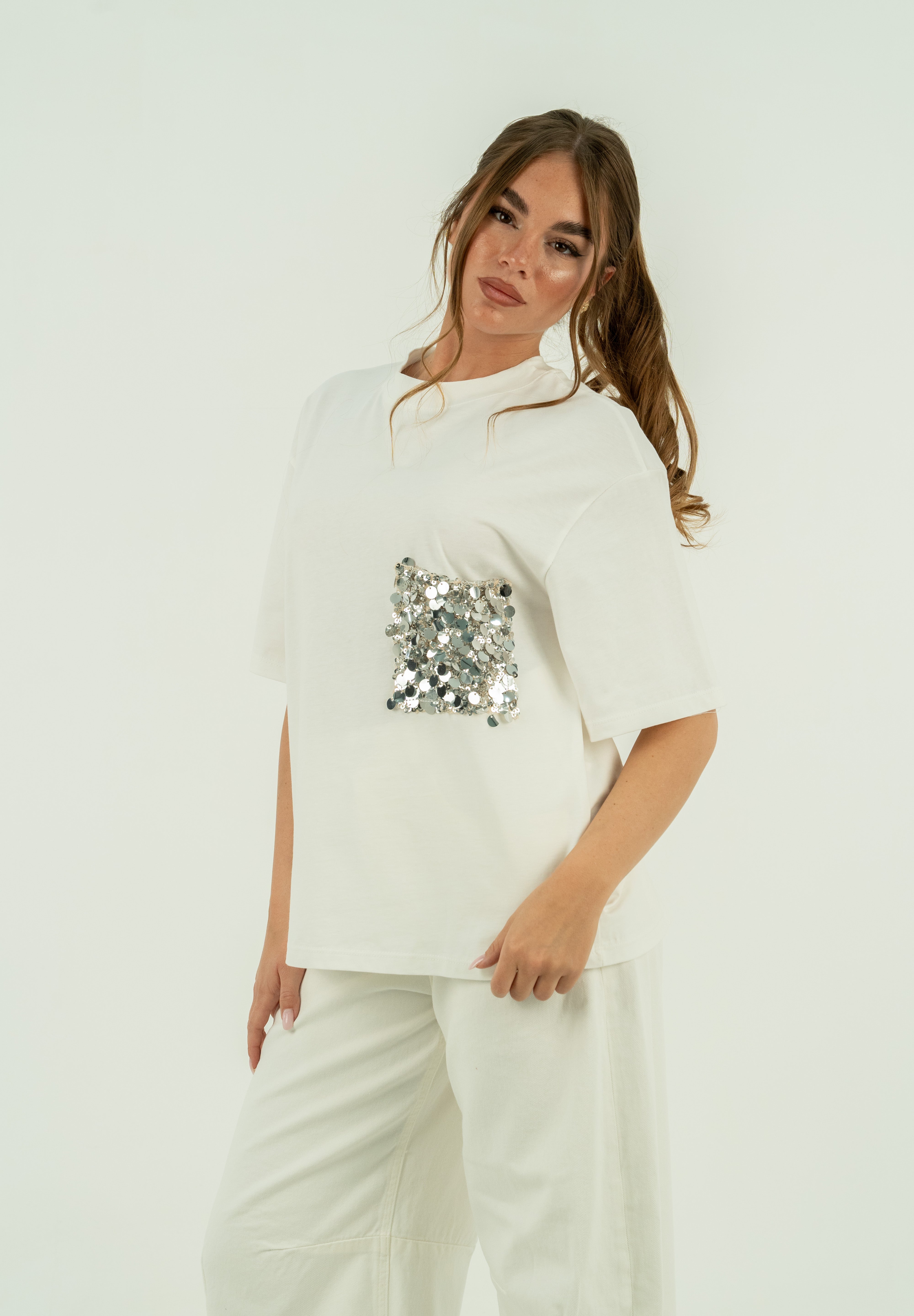 T-SHIRT TASCA PAILLETTES BIANCA