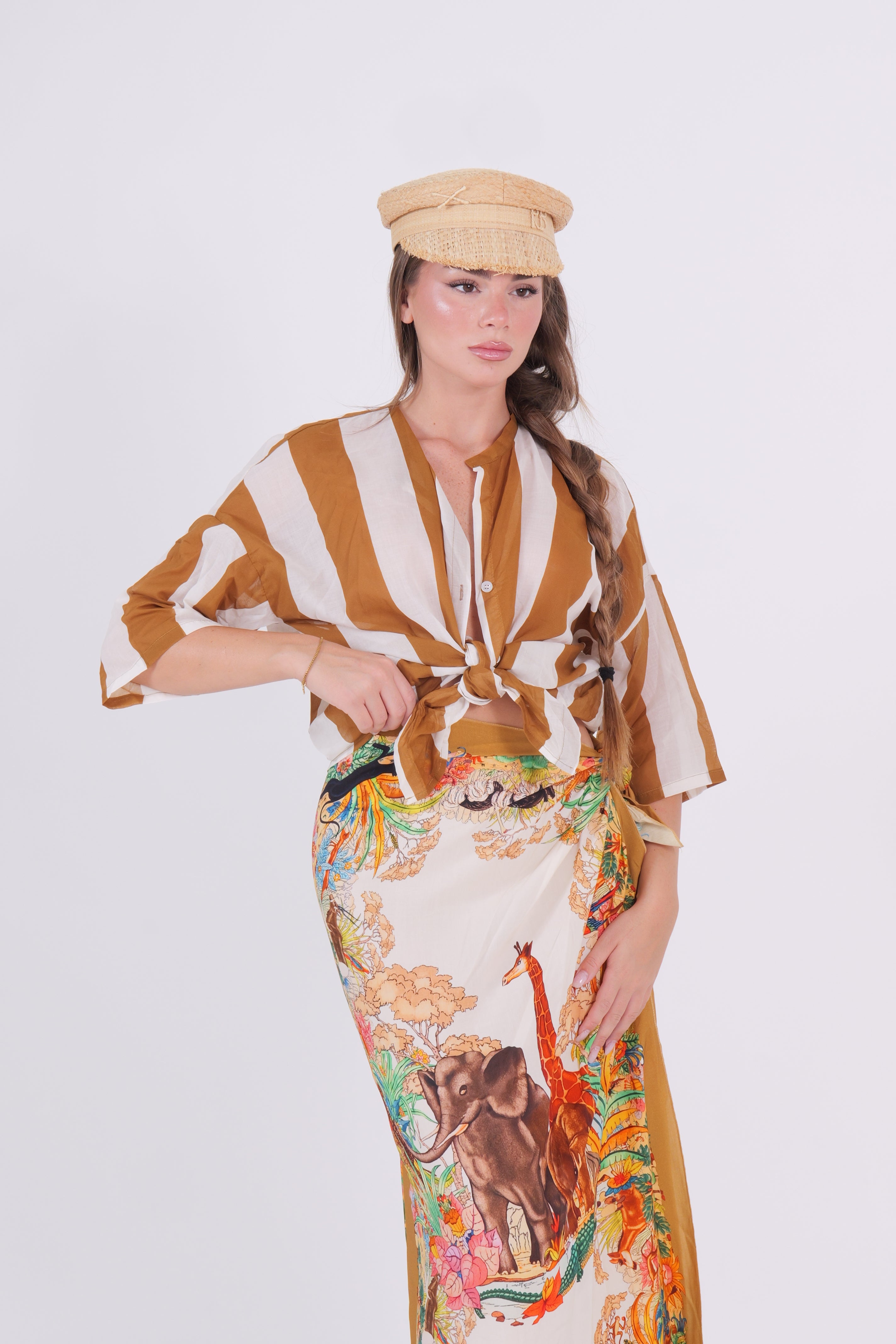 CAMICIA MUSSOLA RIGA TABACCO/PANNA
