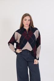 MAGLIA ROMBI DIXIE BLU/BORDEAUX/SABBIA