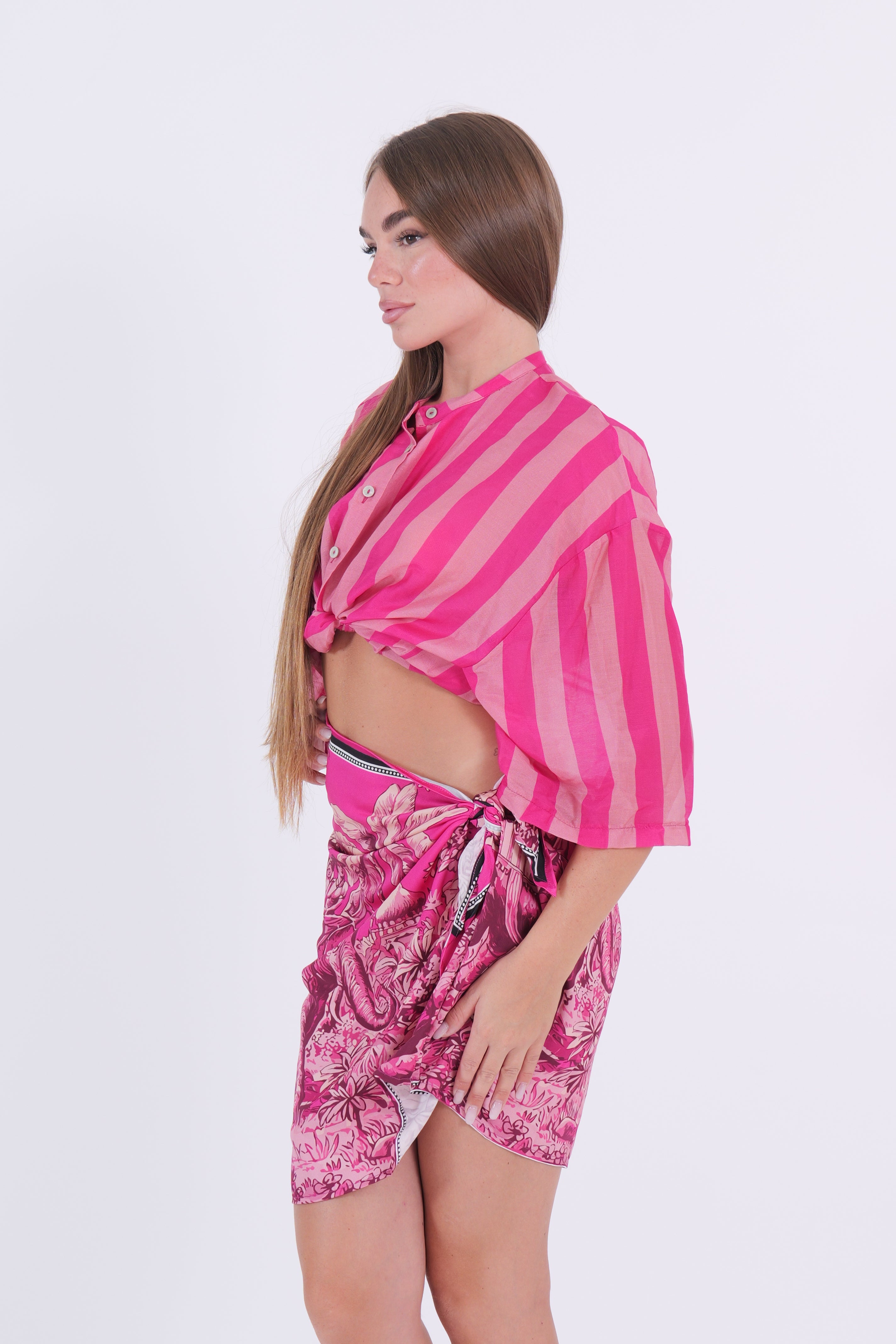 CAMICIA MISTO SETA RIGA MAGENTA E ROSA