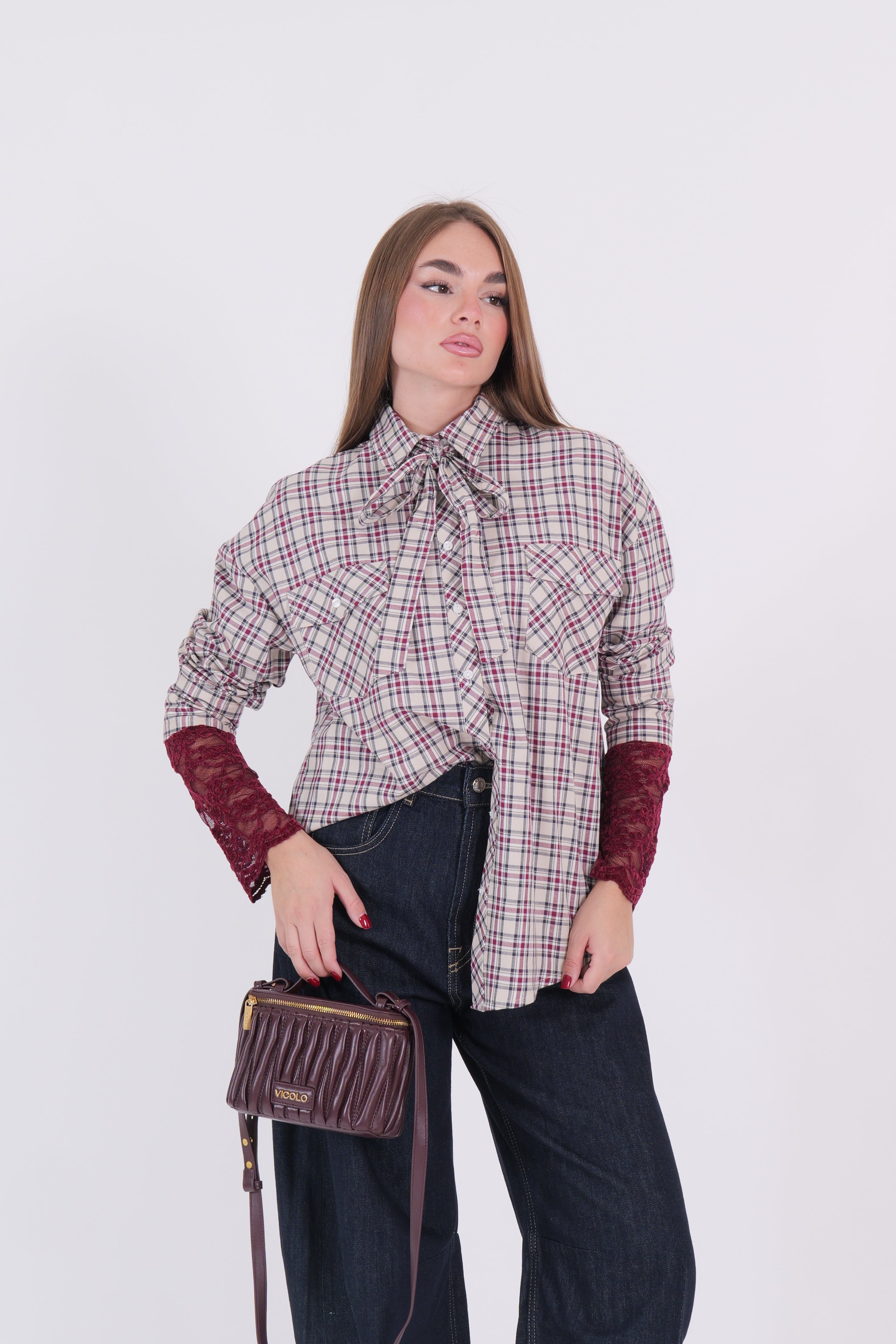 CAMICIA FIOCCO BEIGE/BORDEAUX