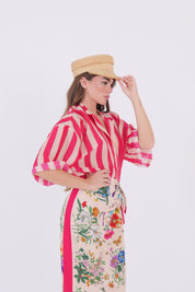 CAMICIA MISTO SETA RIGHE BURRO E FUCSIA