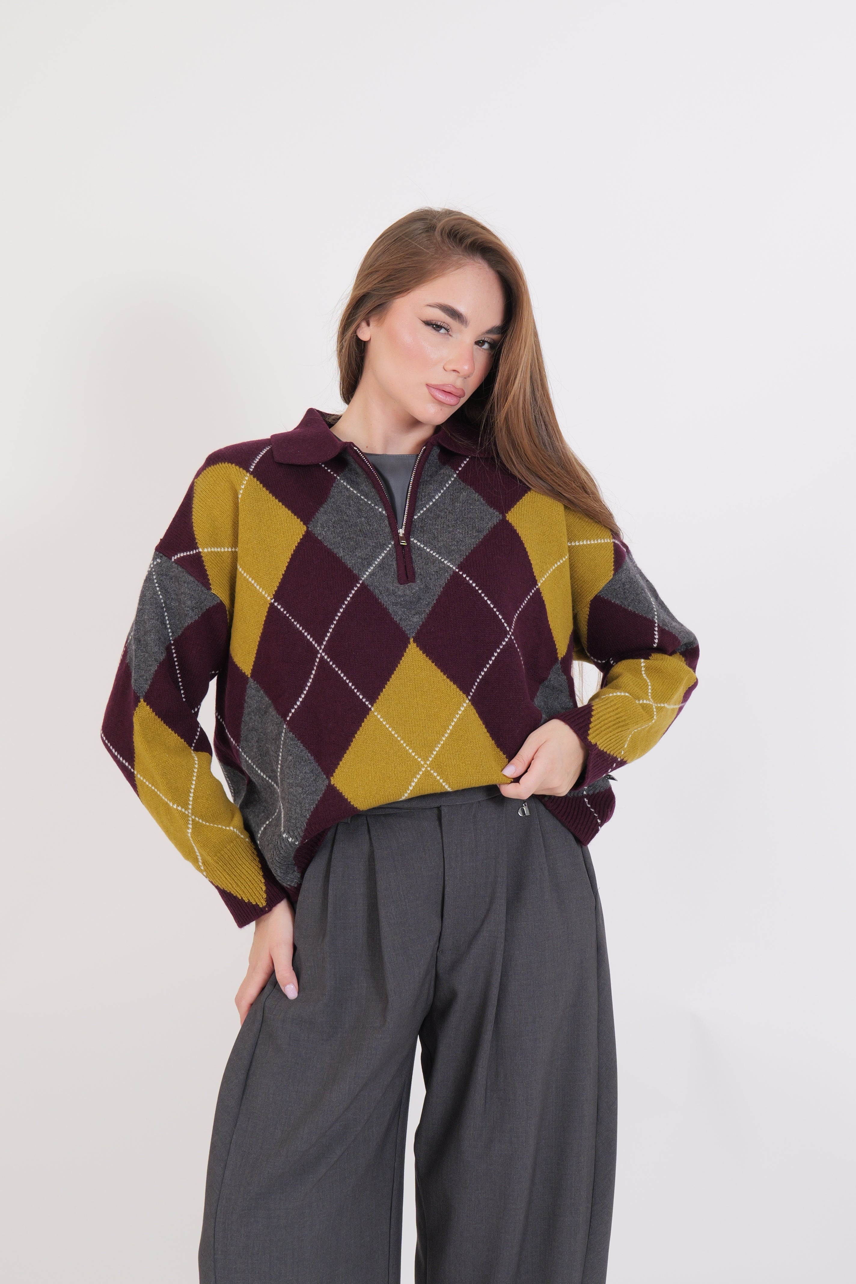 MAGLIA ROMBI DIXIE VINO/GRIGIO/VERDE