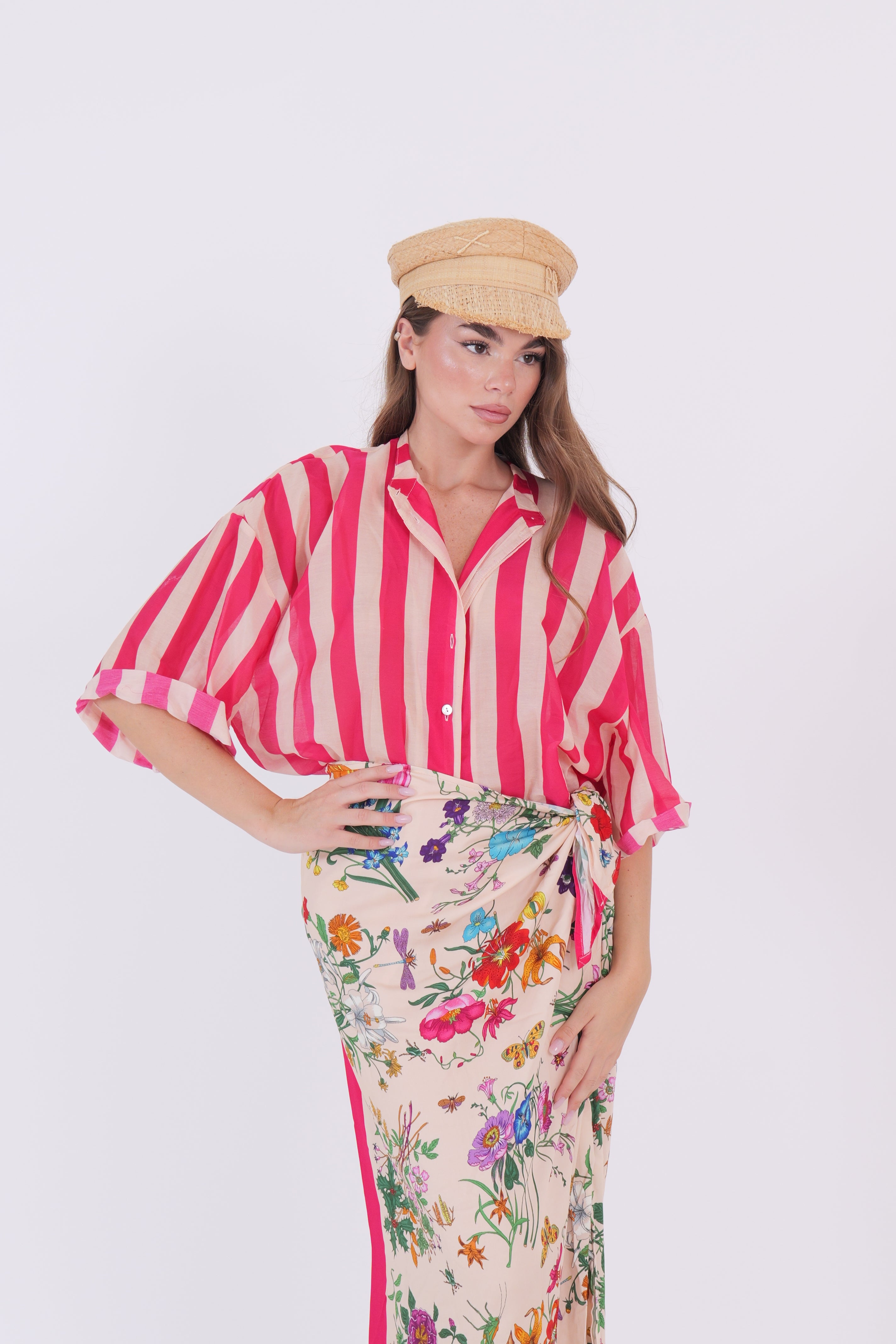 CAMICIA MISTO SETA RIGHE BURRO E FUCSIA