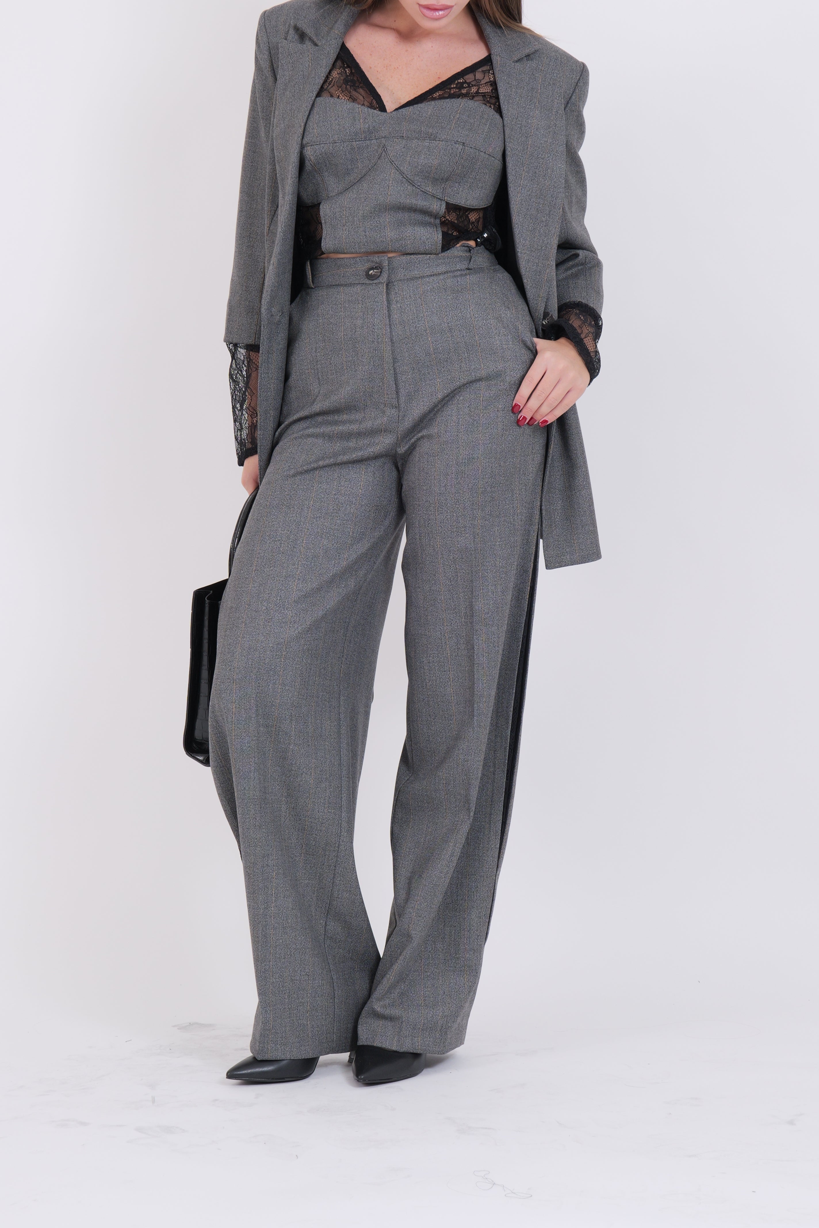 PANTALONE GESSATO PIZZO GRIGIO/NERO