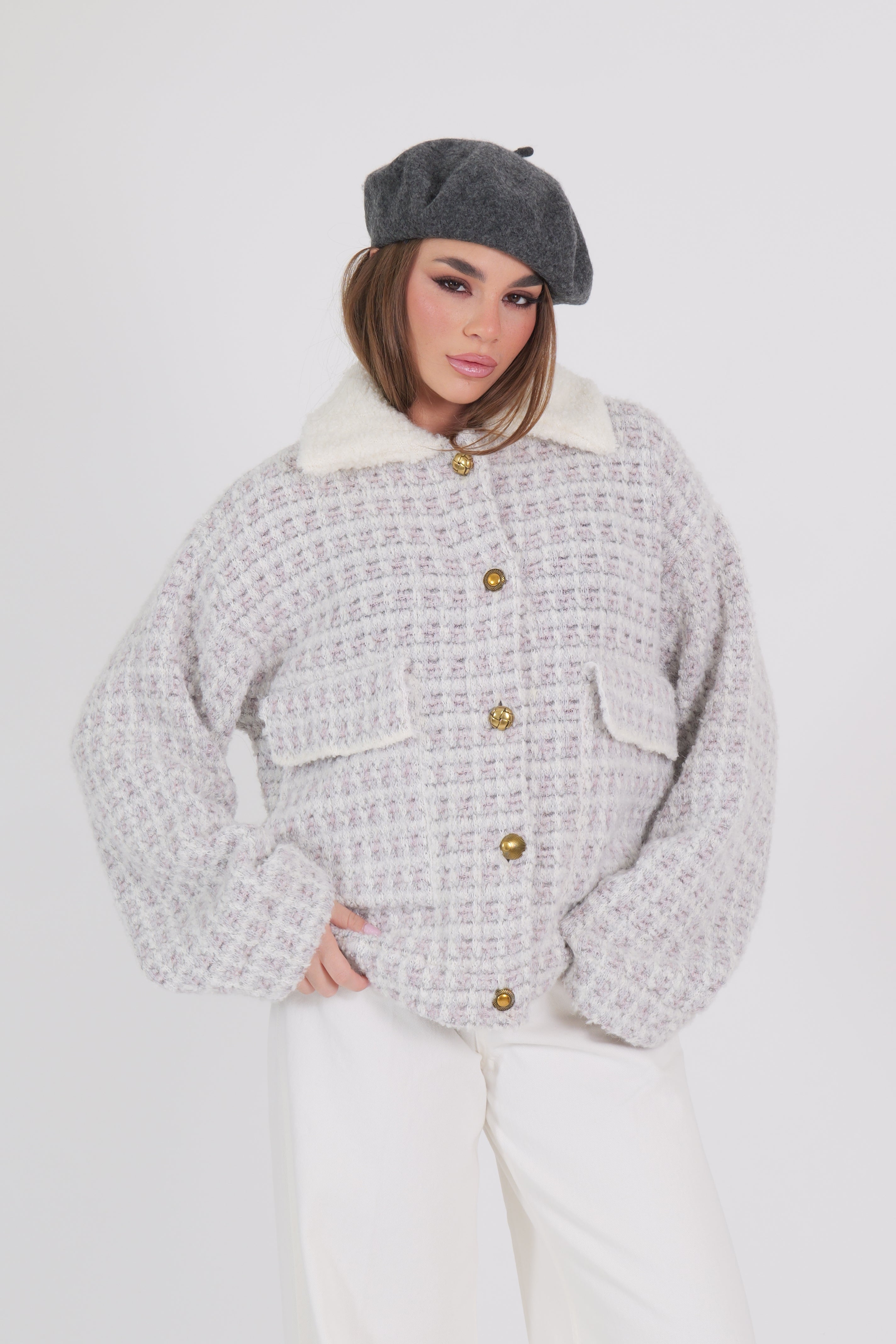 BOMBER MOHAIR BIANCO E ROSA