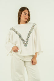 T-SHIRT V PAILLETTES BIANCA