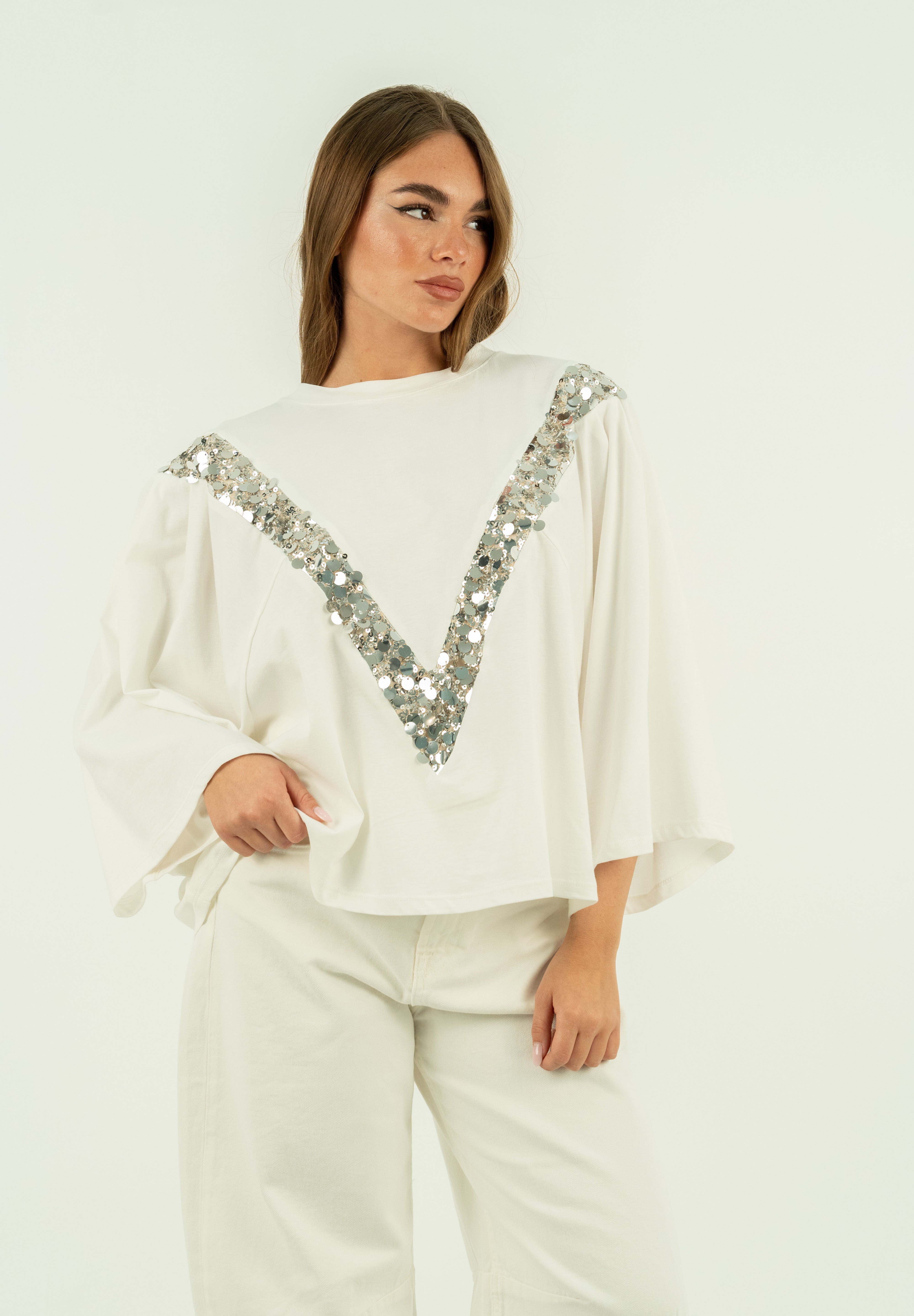 T-SHIRT V PAILLETTES BIANCA