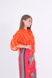 CAMICIA MISTO SETA RIGA ARANCIO/ROSSO